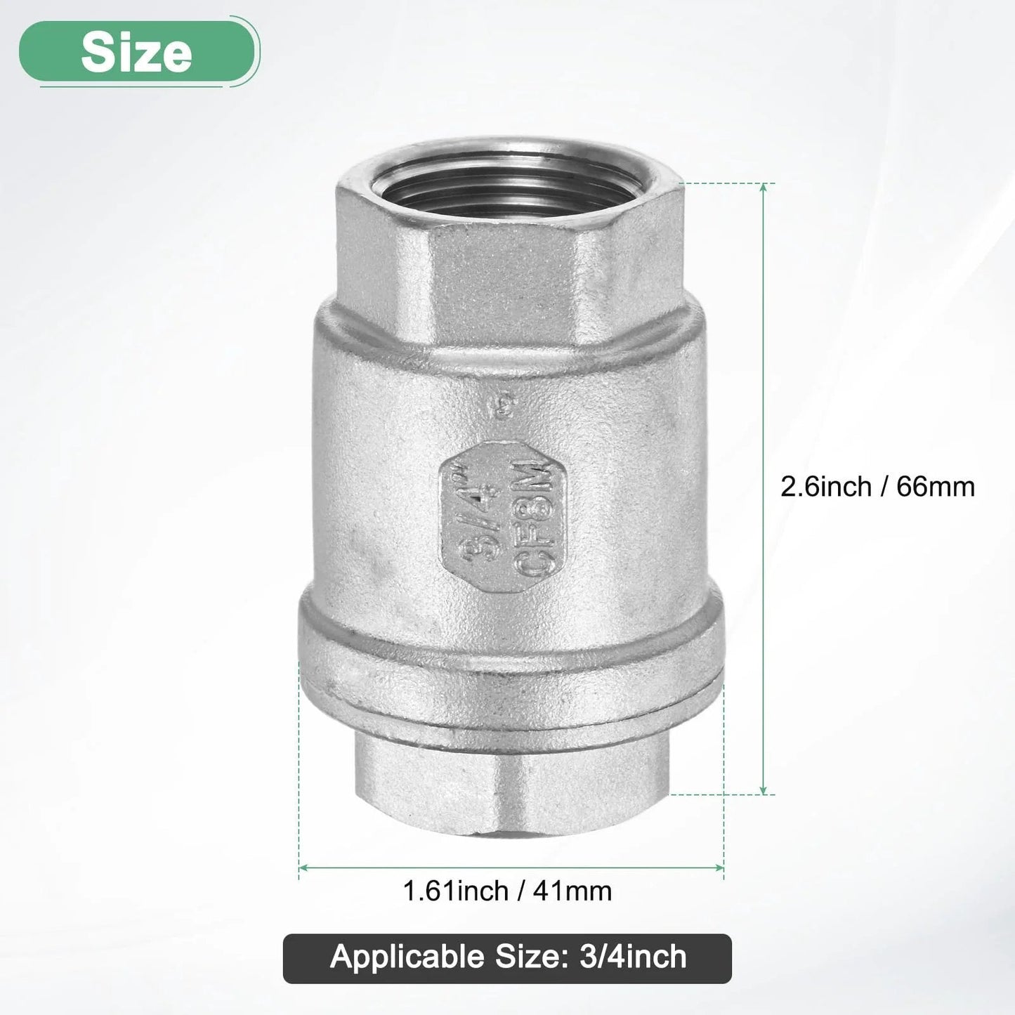 Stainless Steel Spring Check Valve In Line One Way Non Return Backflow Preventer For Water Heaters Oil And Gas Three Quarter Inch NPT Two Point Six Inch Length Silver Multipurpose Inline Plumbing Fitting For Residential And Industrial Use, showing dimensions.