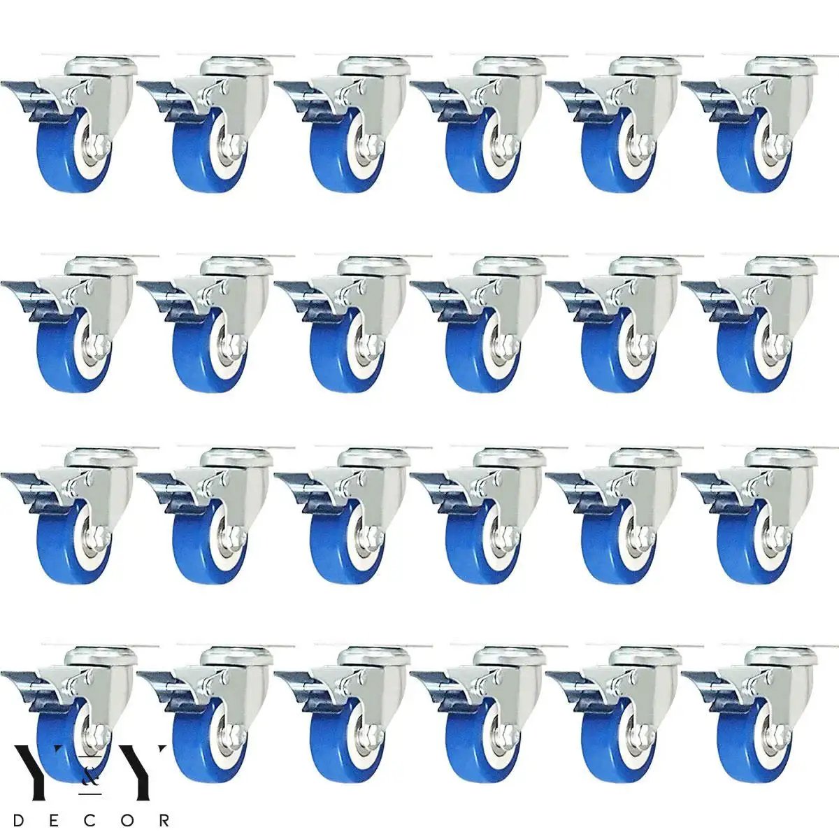 24-pack of swivel plate caster wheels set 2 inch blue polyurethane casters with brakes total locking brake locks wheel and swivel