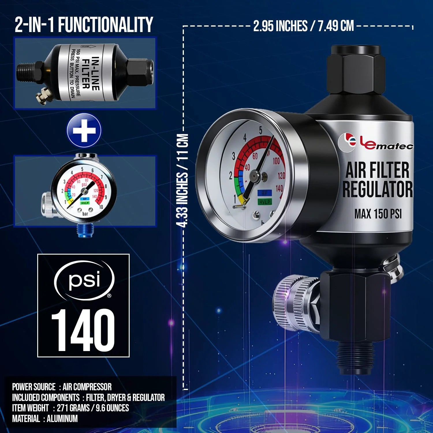 Pro Grade Spray Gun Regulator With Gauge And Water Separator For Paint Guns And Pneumatic Tools 1/4 Inch NPT Inline Air Filter