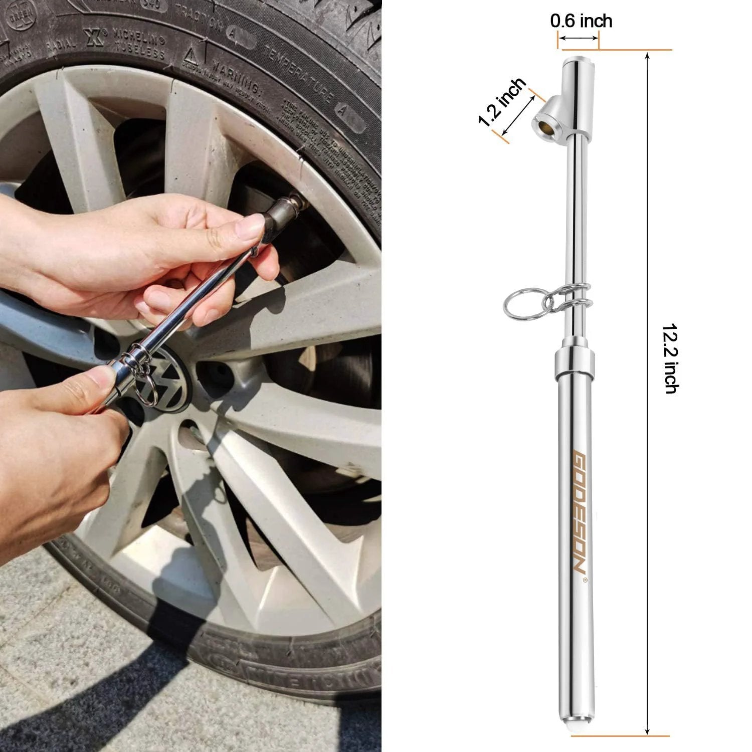 Person using Dual Head Tire Pressure Gauge Pack of 2 Godeson Heavy Duty 10 to 150 PSI on car wheel next to product dimensions.