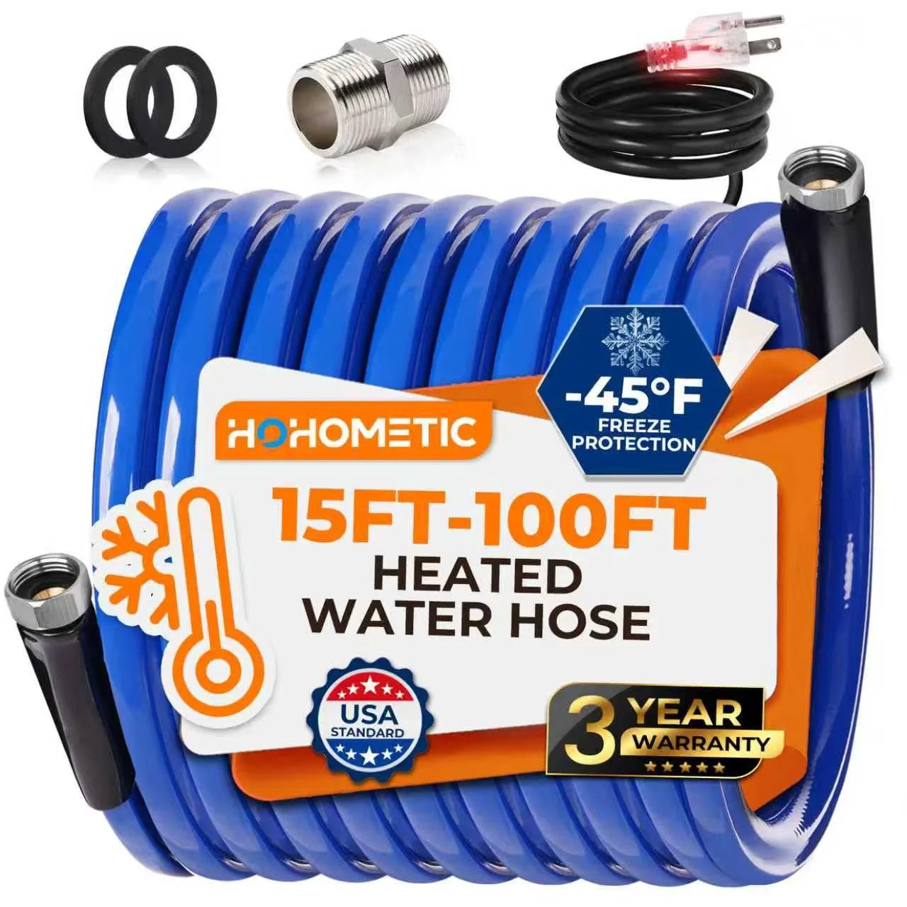 Blue heated water hose for RV with -45°F freeze protection, USA-made, 15-100 ft length options, intelligent temperature control fittings.