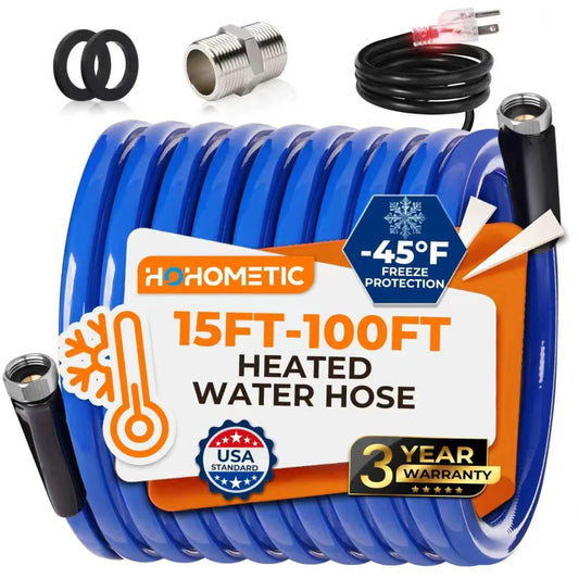 Blue heated water hose for RV with -45°F freeze protection, USA-made, 15-100 ft length options, intelligent temperature control fittings.
