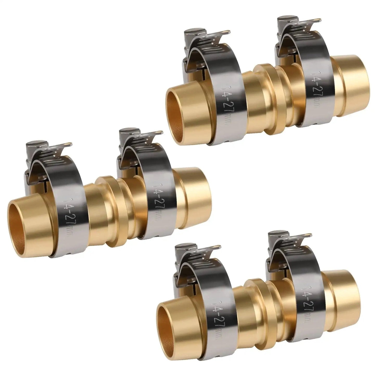 3-Pack brass hose joiner repair kit for outdoor use five eighths inch hose mender with stainless steel clamps leak resistant barbed coupler
