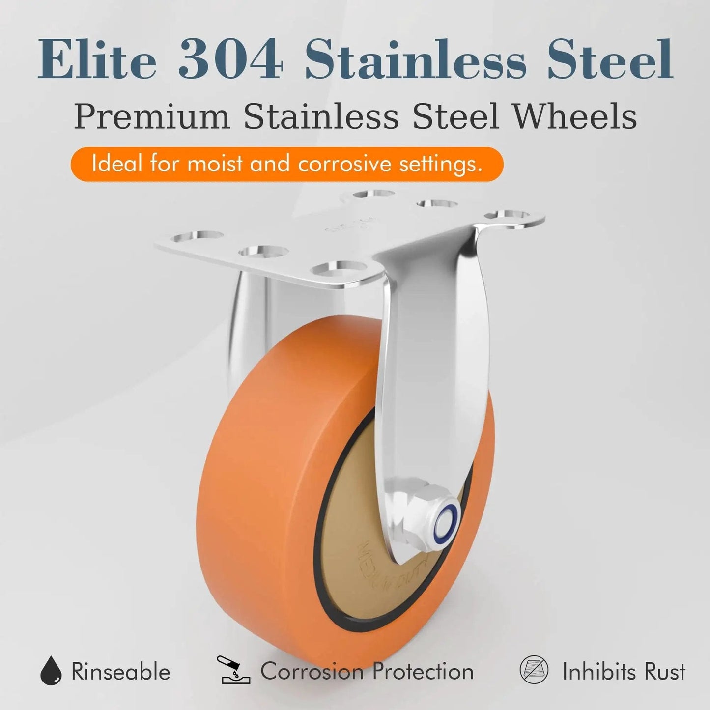 Rigid 4 Inch Stainless Steel Caster Wheel Set Of 2 For Industrial Use, rust resistant 304 stainless steel frame, side view of caster.