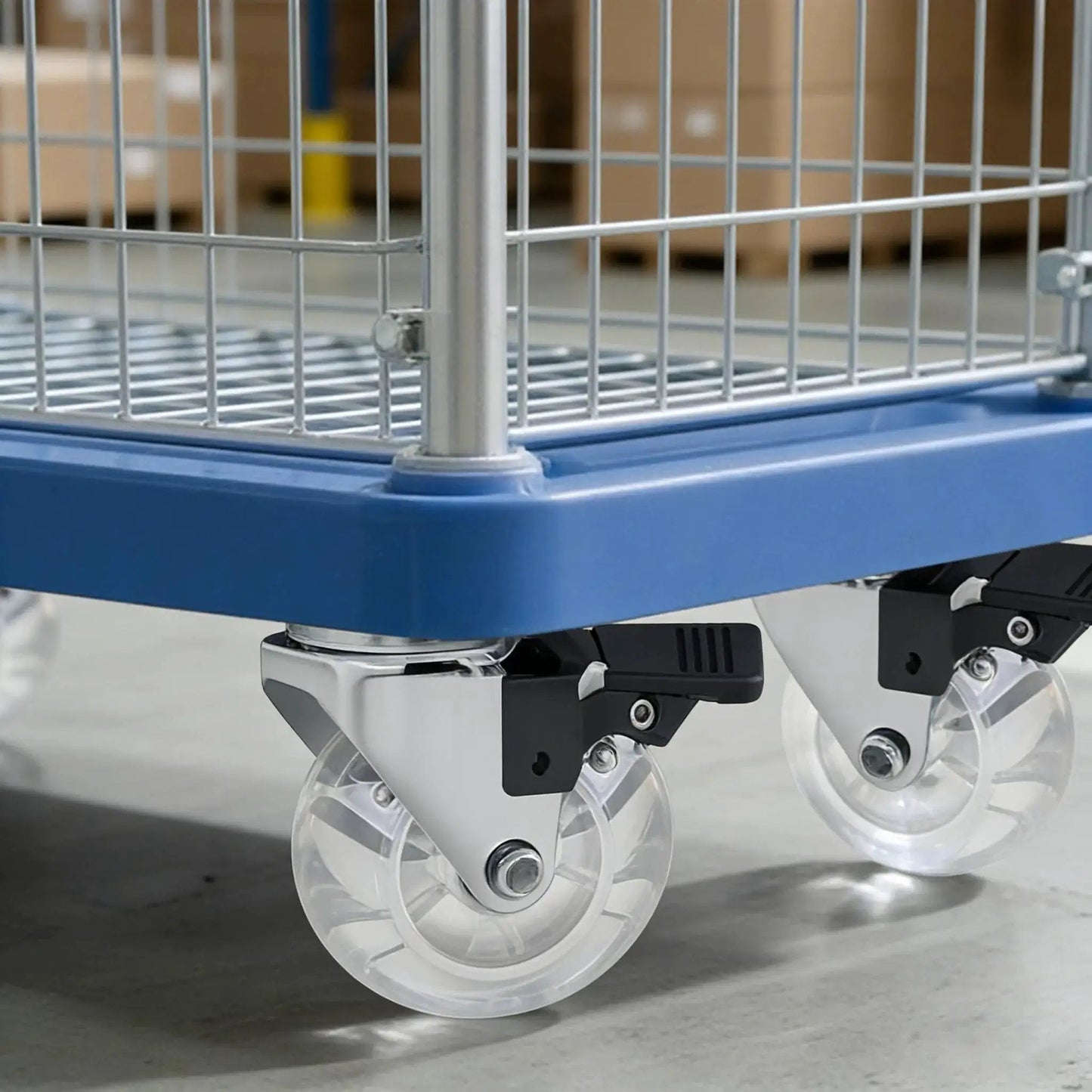 Crystal Clear 2 Inch Caster Wheels Set Of 8 With Brakes for carts, cabinets, dressers, benches shown installed on metal cart.