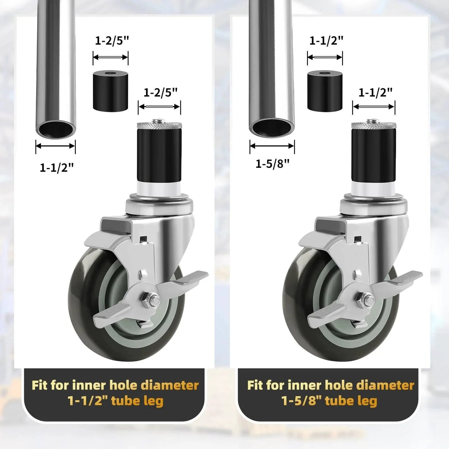4 Inch Prep Table Caster Wheels Set Of 4 With Expanding Stem From One And A Half Inch To One And Five Eighths Inch Swivel Casters With Side Brake