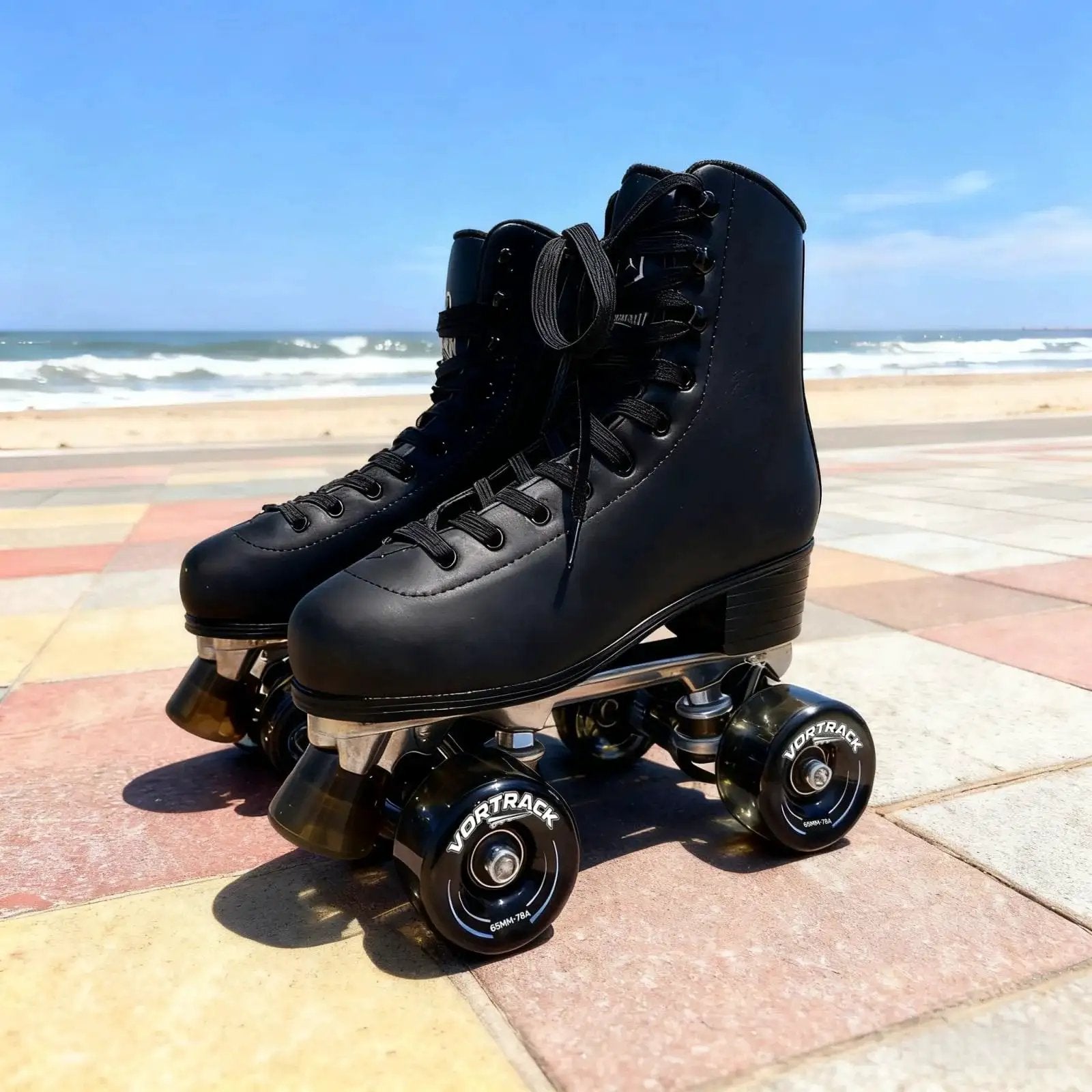 Black roller skates with 78A Quad Roller Skate Wheels 65x36mm, ABEC 9 Bearings, for indoor and outdoor skating on colorful pavement by the beach.