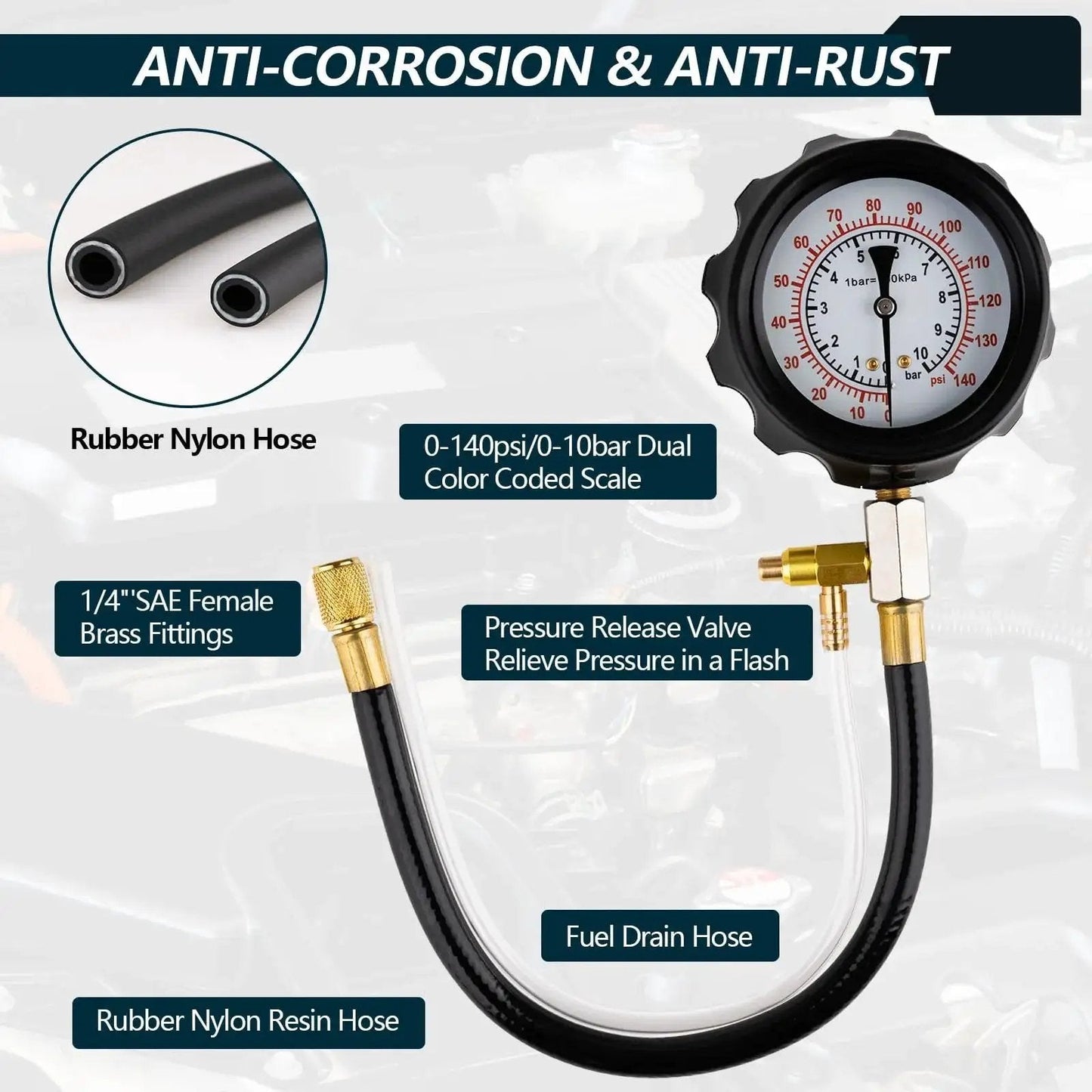 0 To 140 PSI Fuel Pressure Tester Kit For Fuel Injectors And Pumps with gauge, hoses, and brass fittings