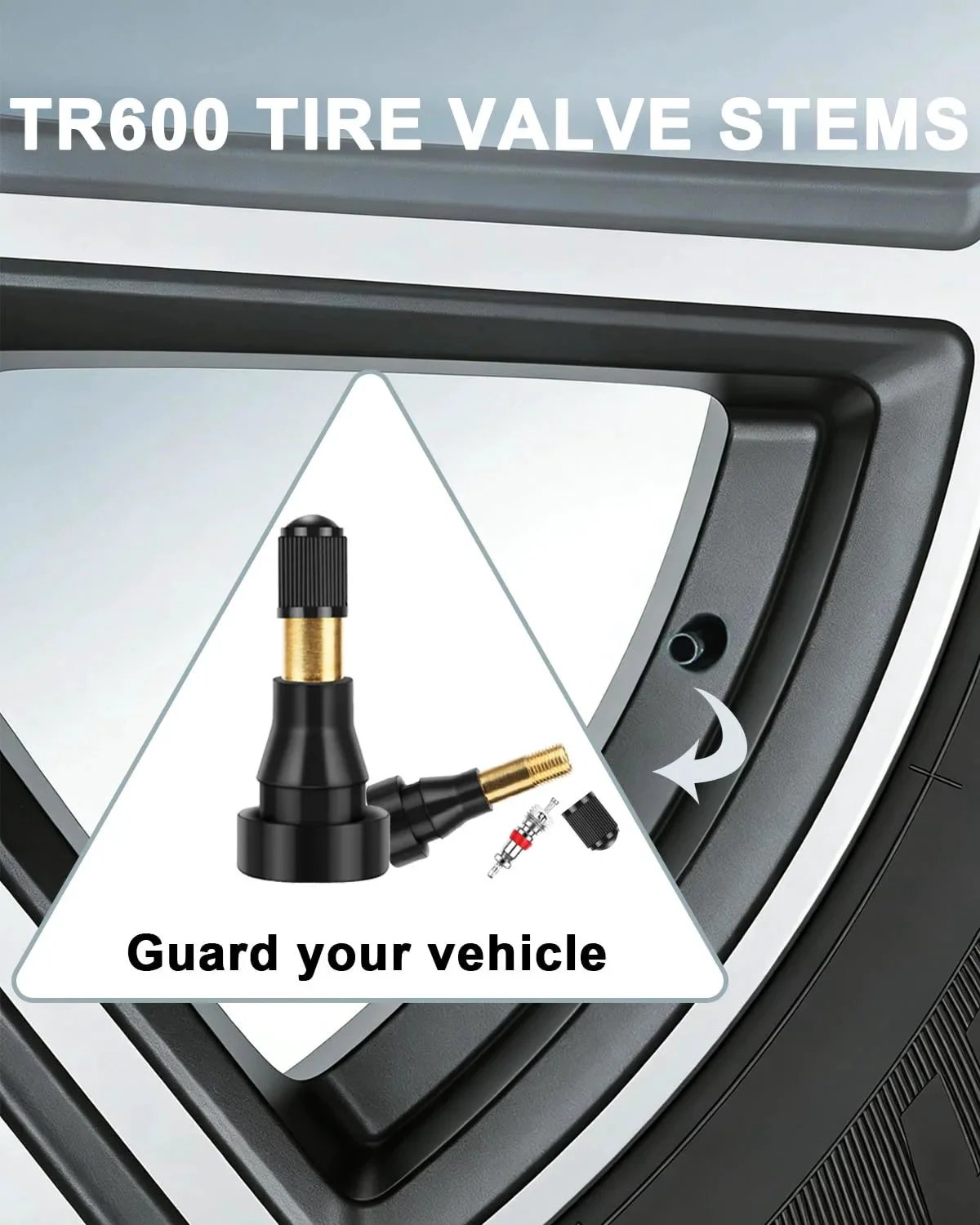 TR600 High Pressure Tire Valve Stems Five Pack shown in a close-up with rubber construction for 0.453 inch rims.