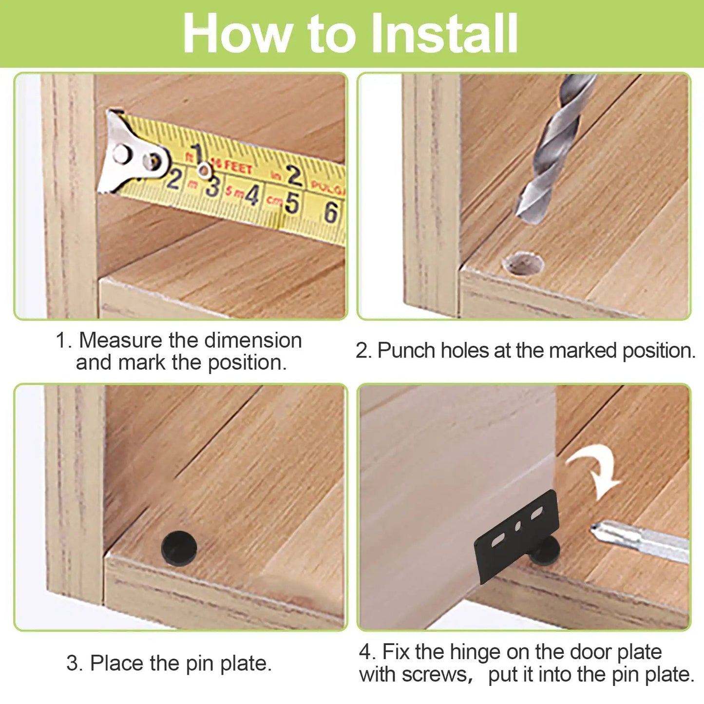 Installation steps for Concealed Shaft Cabinet Door Pivot Hinges In Iron Black, drill and measure wooden cabinet door.