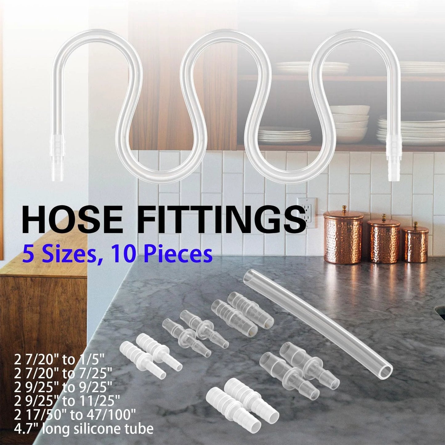 Female Urination Device Connector Set Ten Hose Barb Fittings For Urinal To Extension Tube Reusable Pipeline Connector Kit With Five Diameter Sizes From One Fifth Inch To Forty Seven Hundredths Inch Includes Silicone Tube displayed on kitchen counter.