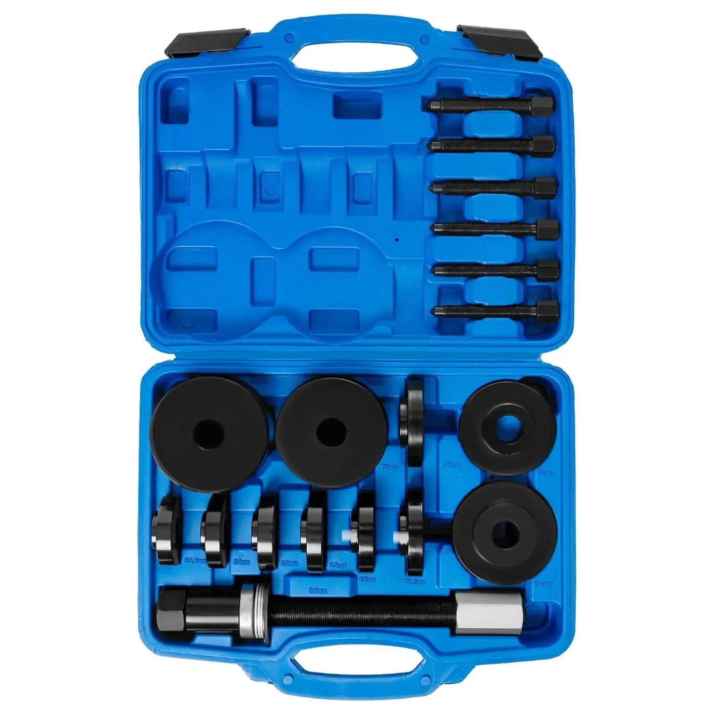 Front Wheel Drive Wheel Bearing Removal And Installation Kit With Bearing Press 19 Piece Set in blue storage case