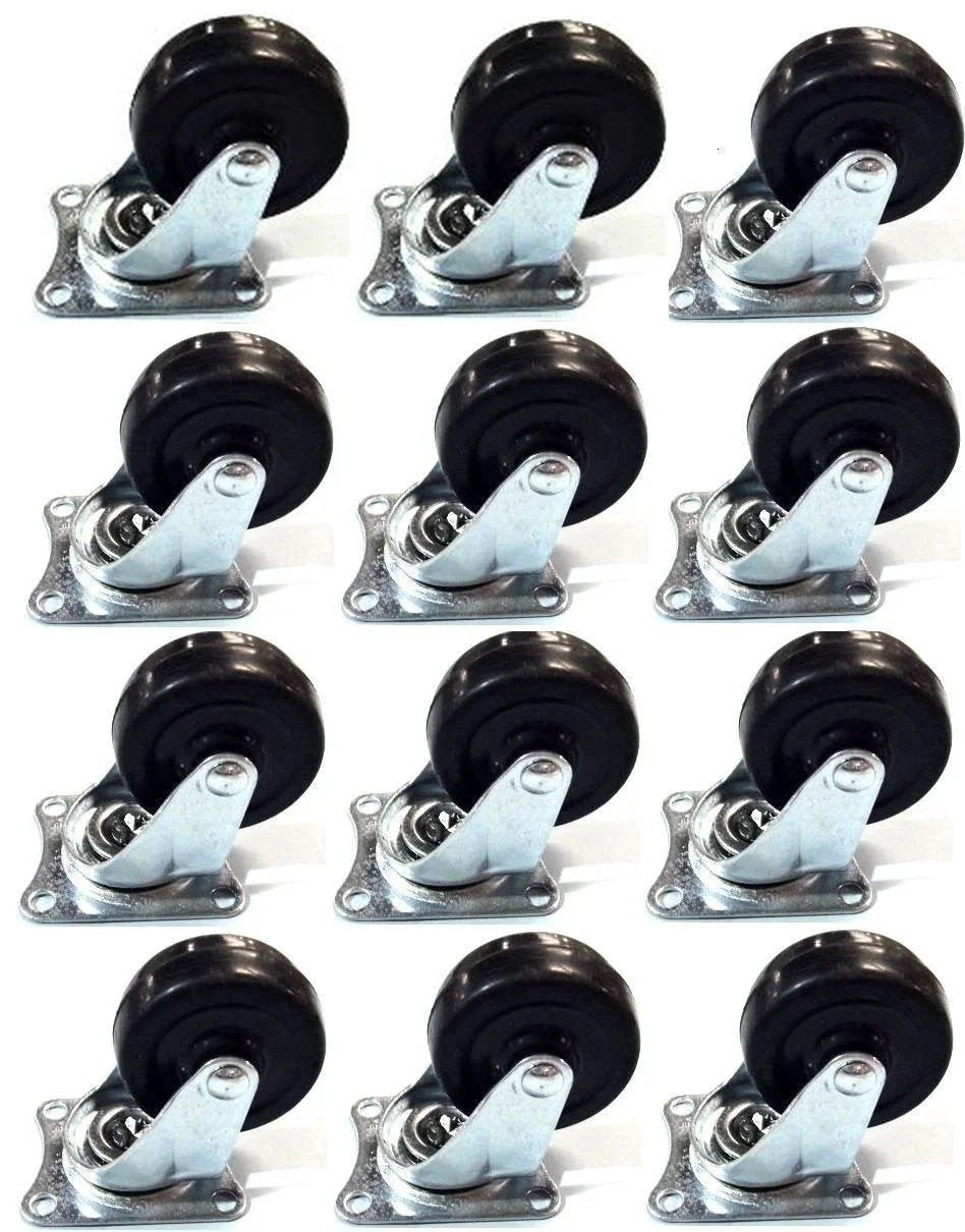 12 Pack 2 Inch Swivel Caster Wheels Rubber Base With Top Plate Bearing Heavy Duty for Carts and Furniture
