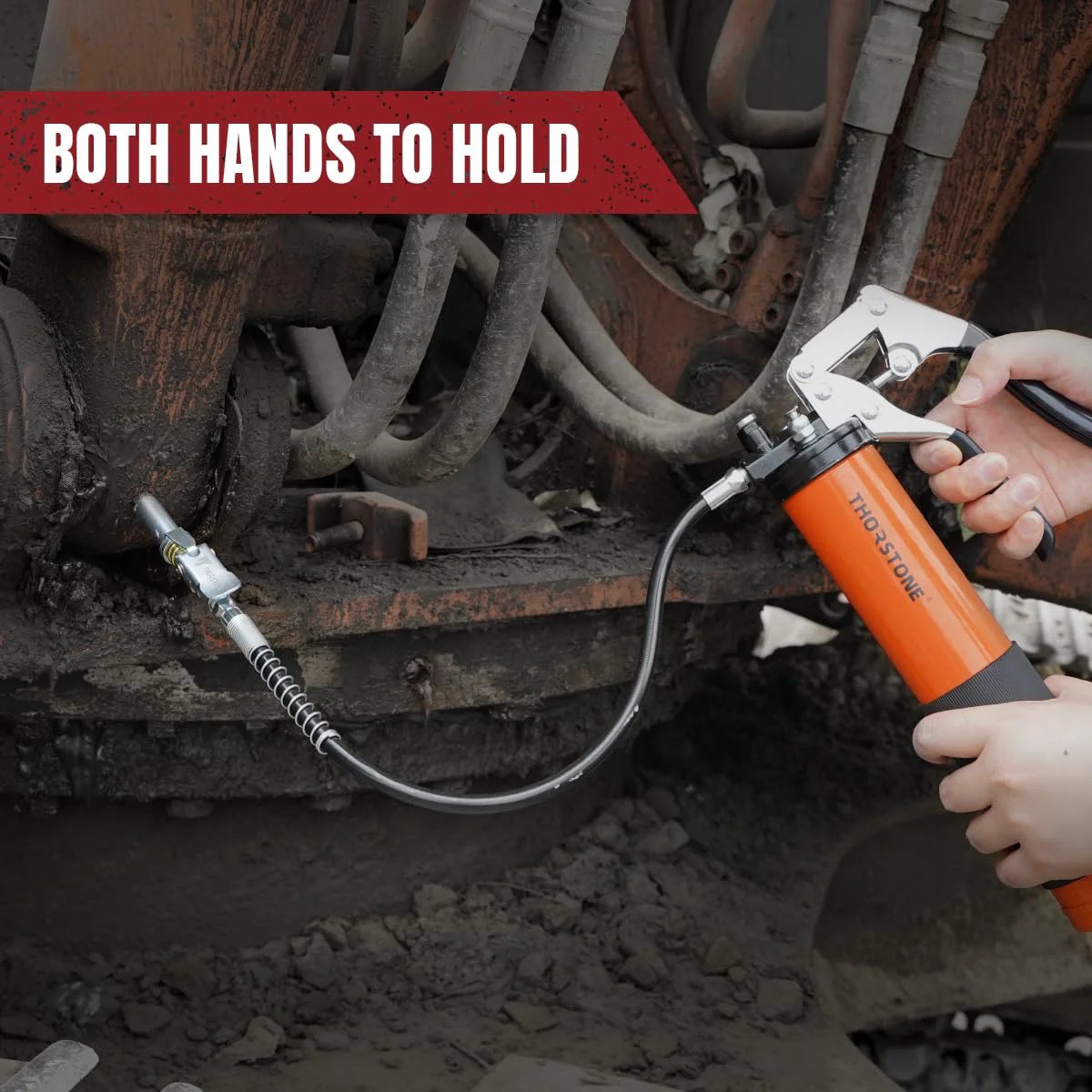 Using Beefy 7000 PSI Pistol Grip Grease Gun Kit With 14 Ounce Load Capacity 18 Inch Spring Flex Hose on machinery