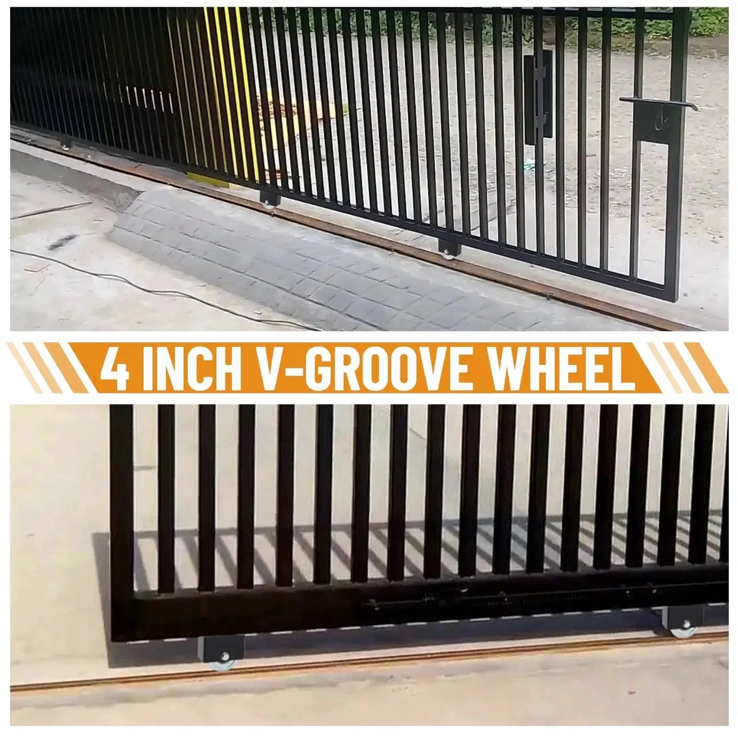 Sliding gate with 4 Inch V Groove Slide Gate Wheel With Welded Bracket Box For Inverted V Track Systems installed on driveway.