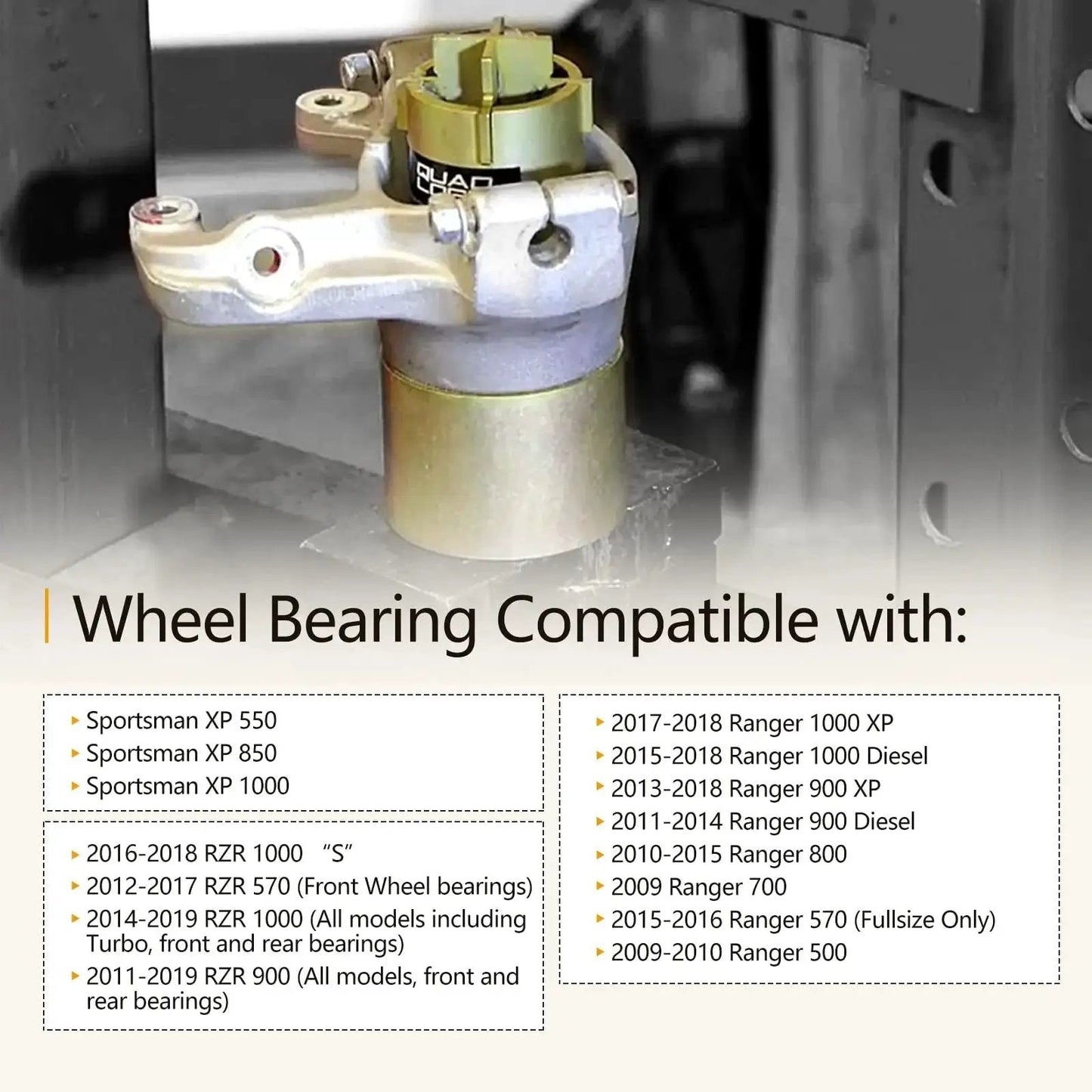 Front And Rear Wheel Bearing Install And Removal Press Tool Kit For Polaris Sportsman XP 550 850 1000 Ranger 500 570 700 800 900 1000 And RZR 570 900 1000 Compatible With OEM Replaces 5136689 5136690 shown on a list of compatible models.