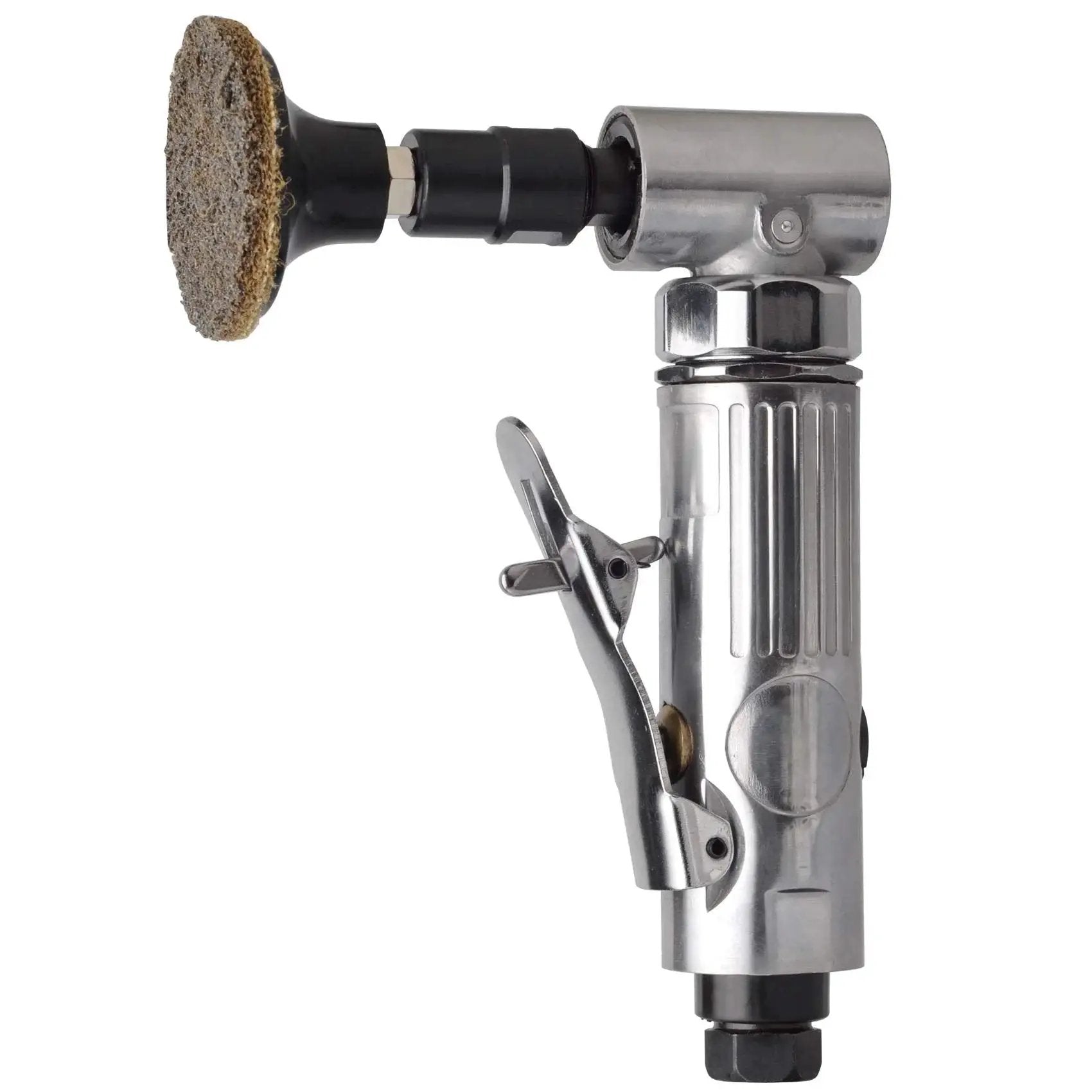Side view of 1/4 Inch Angle Air Die Grinder Kit With 22 Piece 2 Inch Roll Lock Sanding Discs Pro Grade Polished Color Finish 90 Degree Head
