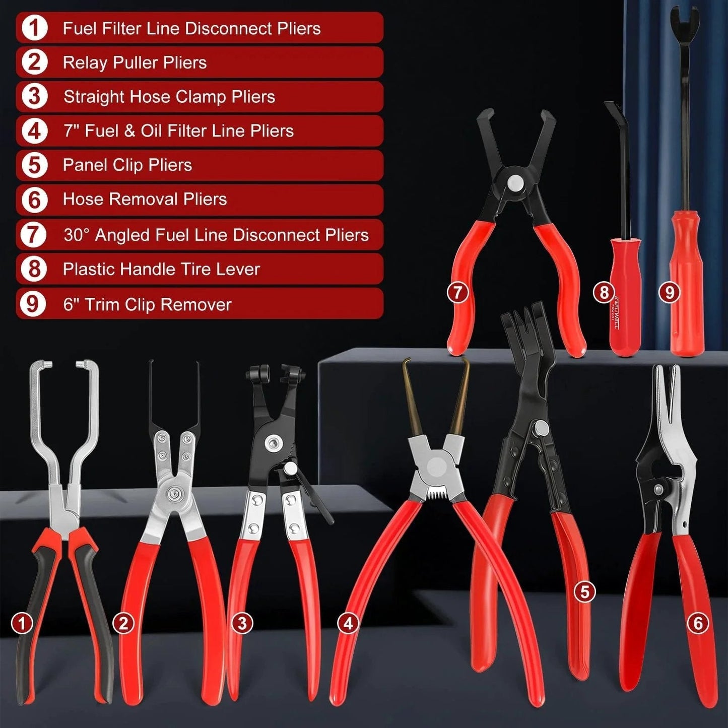 9 Piece Hose Clamp Pliers Set For Fuel Line Disconnect And Hose Removal Tool Kit Including Relay Puller Straight Clamp Pliers 30 Degree Angled Disconnect Pliers Panel Clip Pliers Trim Tool And Carry Case displayed in a set.