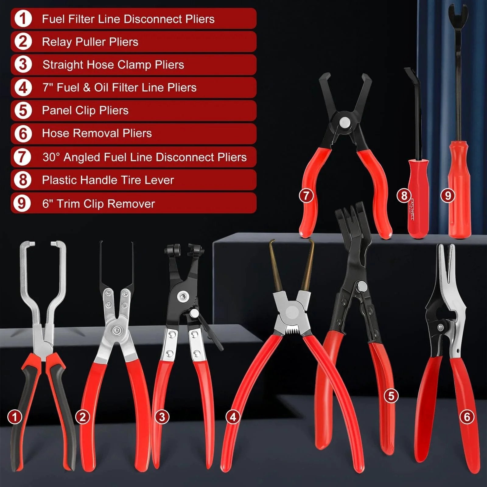 9 Piece Hose Clamp Pliers Set For Fuel Line Disconnect And Hose Removal Tool Kit Including Relay Puller Straight Clamp Pliers 30 Degree Angled Disconnect Pliers Panel Clip Pliers Trim Tool And Carry Case displayed in a set.