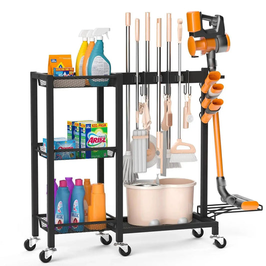 3 In 1 Cleaning Organizer Cart With Wheels And Vacuum Stand, 3 Tier Shelves, 6 Mop Hanger Grippers, 3 Double Hooks, Tools Stored