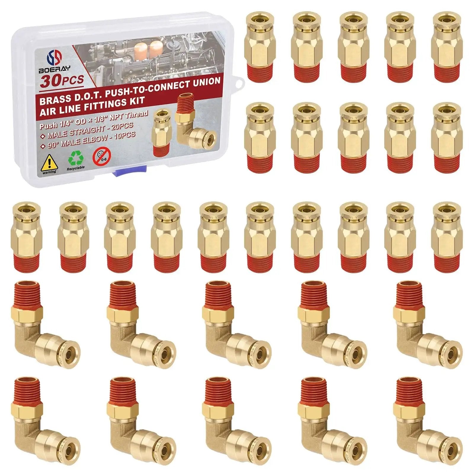 Brass Push To Connect Air Fittings Kit One Quarter Inch Straight And Ninety Degree Elbow Combo DOT Approved 250 PSI 30 Pieces