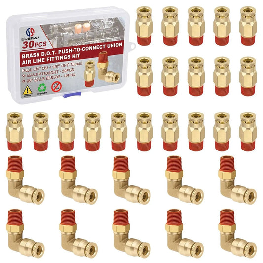 Brass Push To Connect Air Fittings Kit One Quarter Inch Straight And Ninety Degree Elbow Combo DOT Approved 250 PSI 30 Pieces
