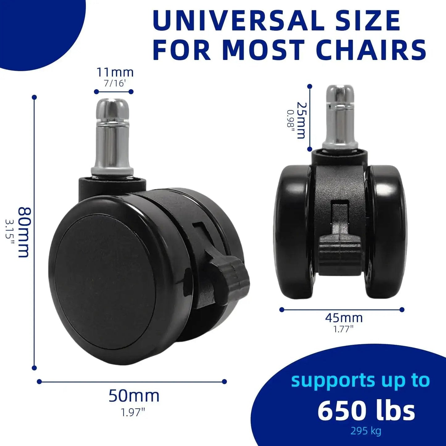 Brake Twin Caster Wheels For Chairs, Universal 2 Inch Replacement Castors, Smooth Silent Rollers For Office, Gaming And Swivel Chairs.