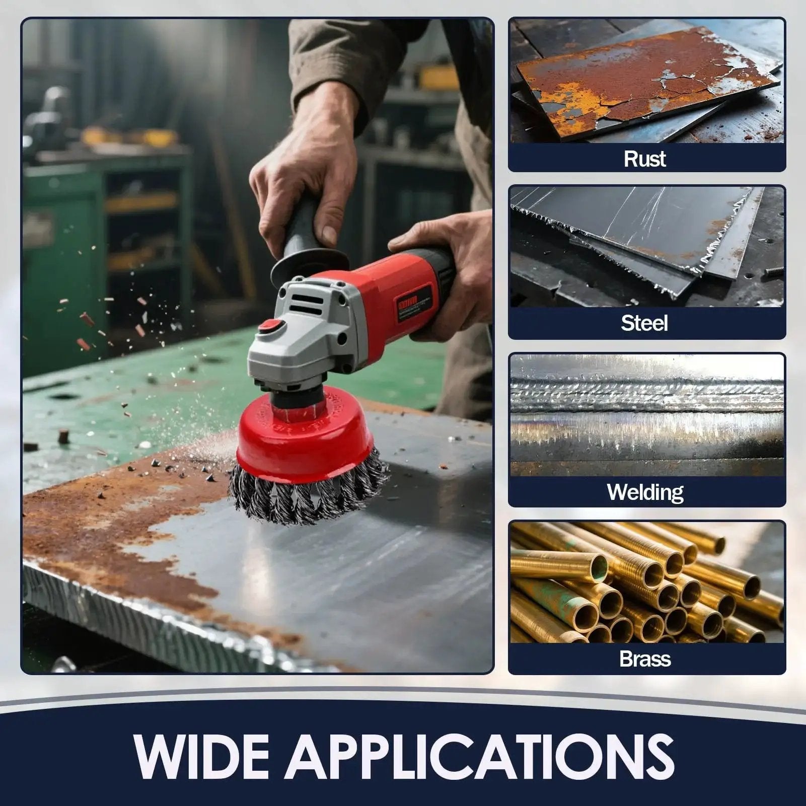 Three Pack Wire Wheel Brush Set For Angle Grinders With 0.02 Inch Carbon Steel 72A Twist Wire And Five Eighth Inch Arbor in use on rusted metal
