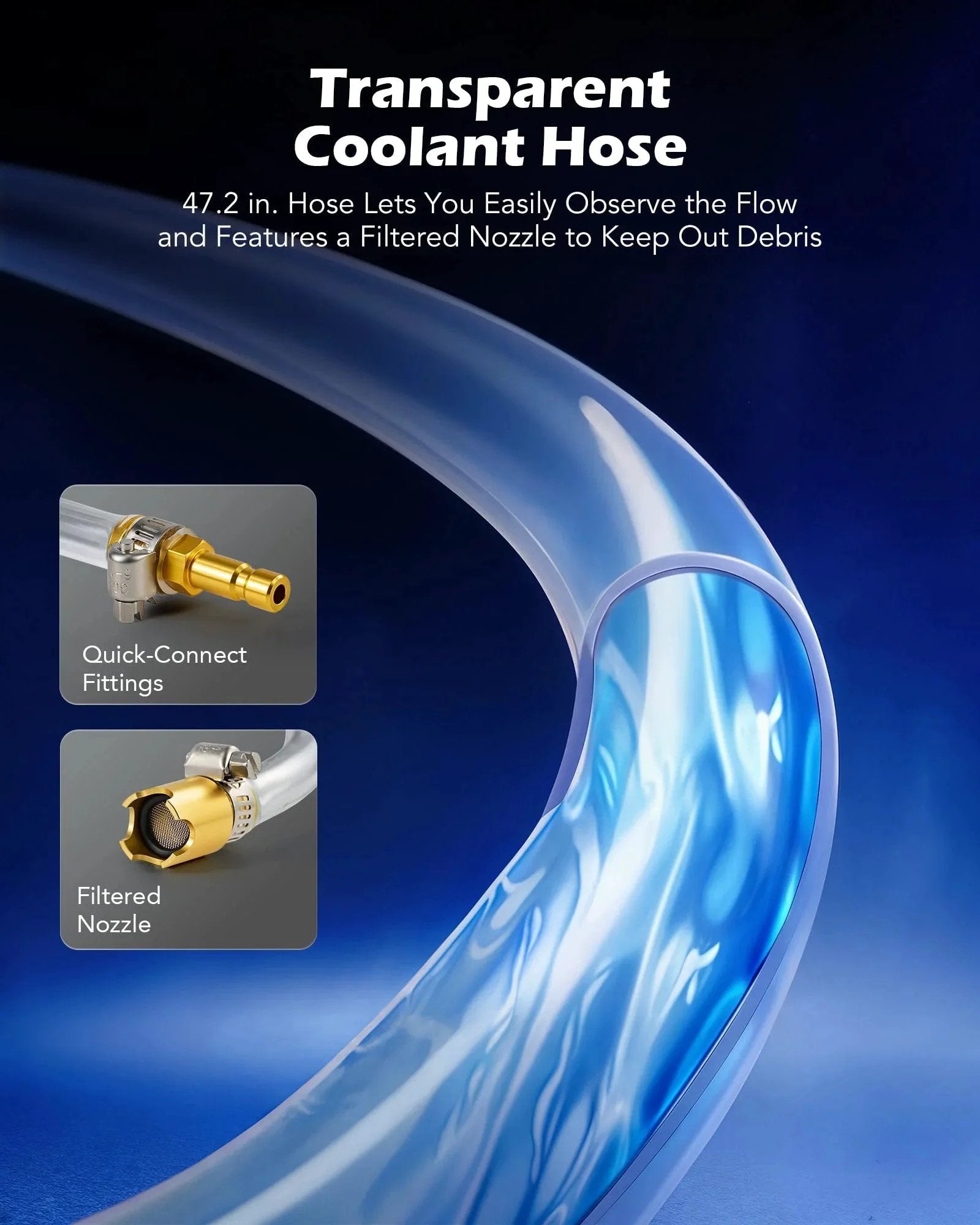 Transparent coolant hose with quick-connect fittings and filtered nozzle, part of Fast Coolant Vacuum Refill Kit For Cars And Trucks Orion Motor Tech.