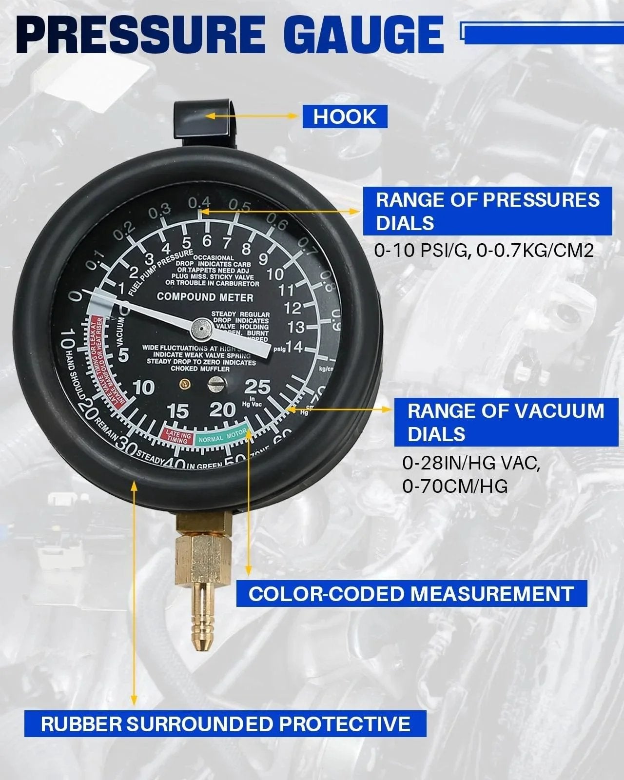Front view of Car Vacuum and Fuel Pump Tester Gauge Kit for Fuel Pressure and Vacuum Diagnostics with labeled features