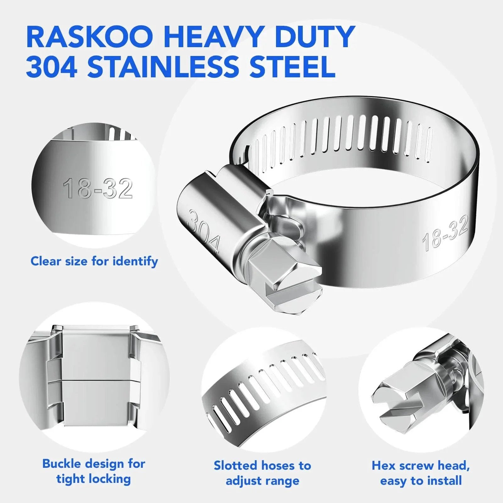 46 Piece Premium Adjustable Stainless Steel Hose Clamps Kit Featuring Seven Size Range From Quarter Inch To One And One Half Inch For Fuel Line Plumbing Automotive And Mechanical Applications Long Lasting Worm Gear Clamps on display, showing clear size markings and buckle design.