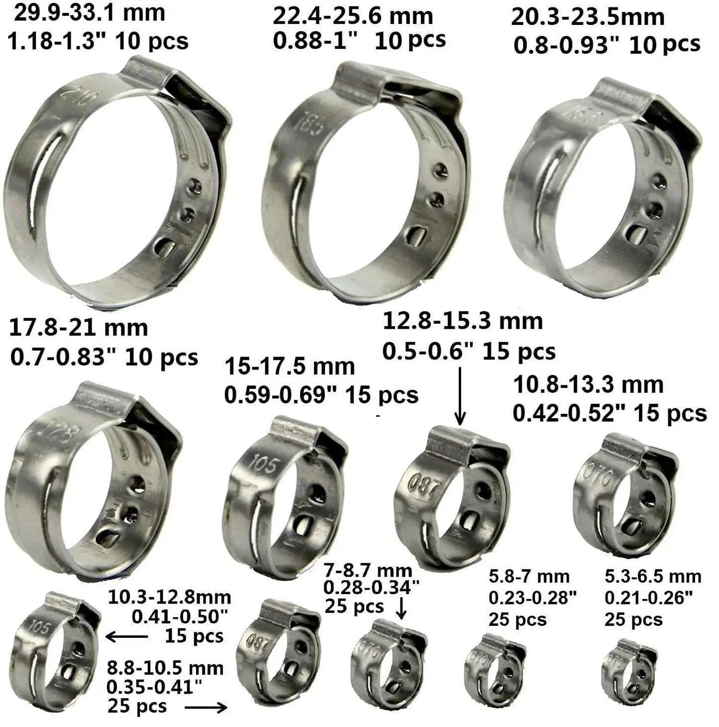 All Purpose Hose Clamp Kit With Pincers Crimper Tool 200 Pcs 304 Stainless Steel Stepless Single Ear 5 To 33mm overview