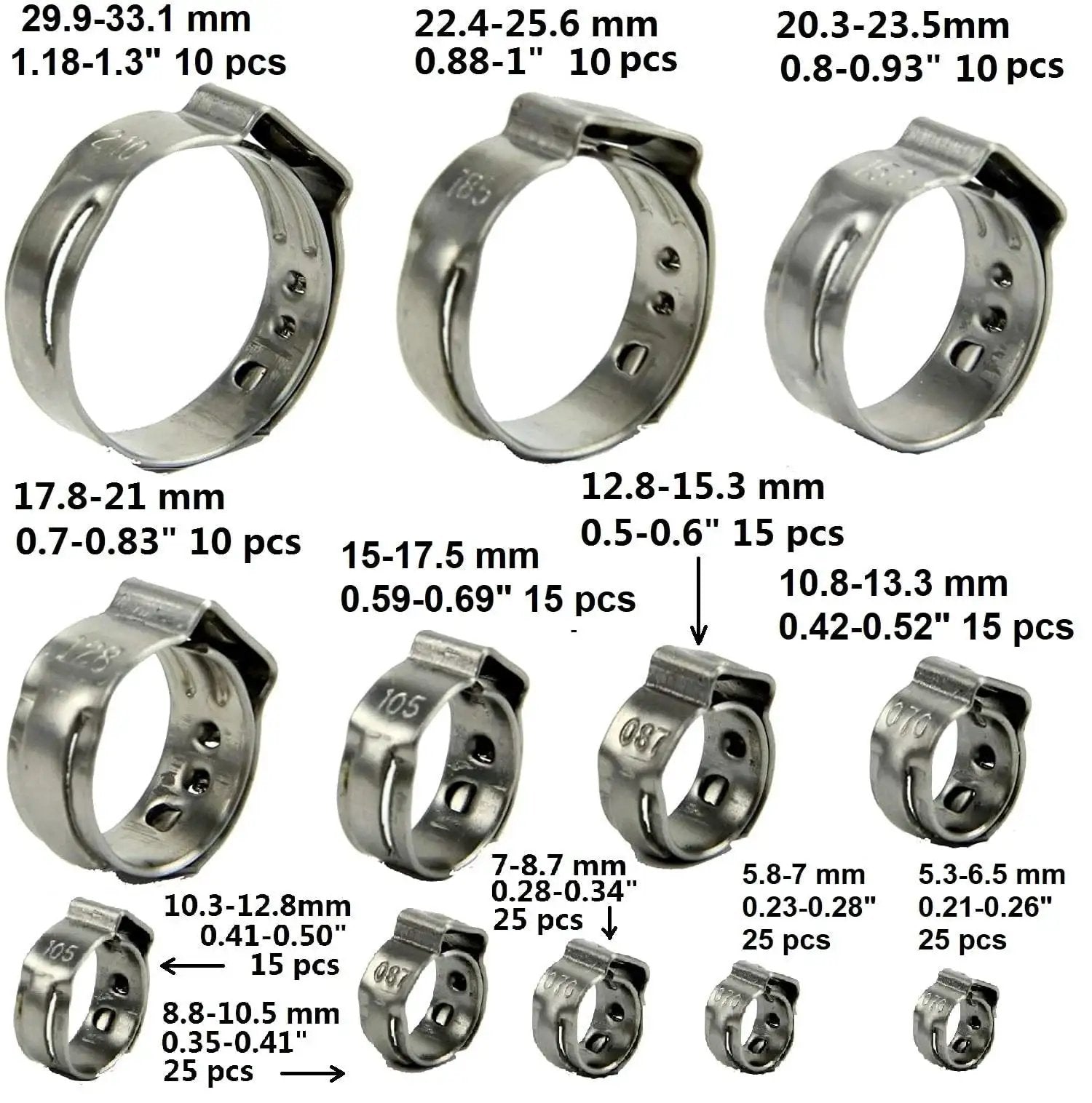 All Purpose Hose Clamp Kit With Pincers Crimper Tool 200 Pcs 304 Stainless Steel Stepless Single Ear 5 To 33mm overview