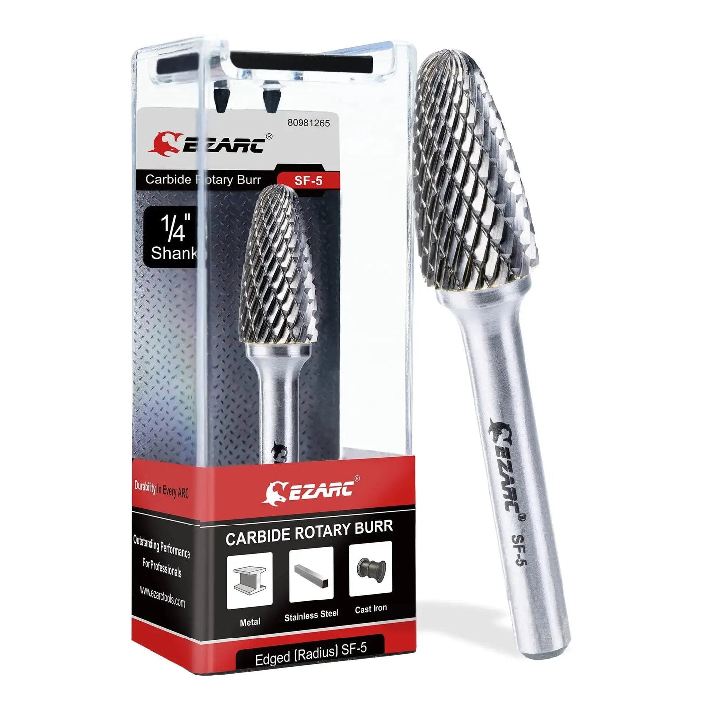 Beast Grade Tungsten Carbide Rotary Burr Bit SF Five Double Cut For Metal Working Die Grinder One Quarter Inch Shank Two And Three Quarter Inch Total Length One Half Inch Cutter Diameter Tree Shape Radius End With Sturdy Storage Case EZARC displayed with packaging.