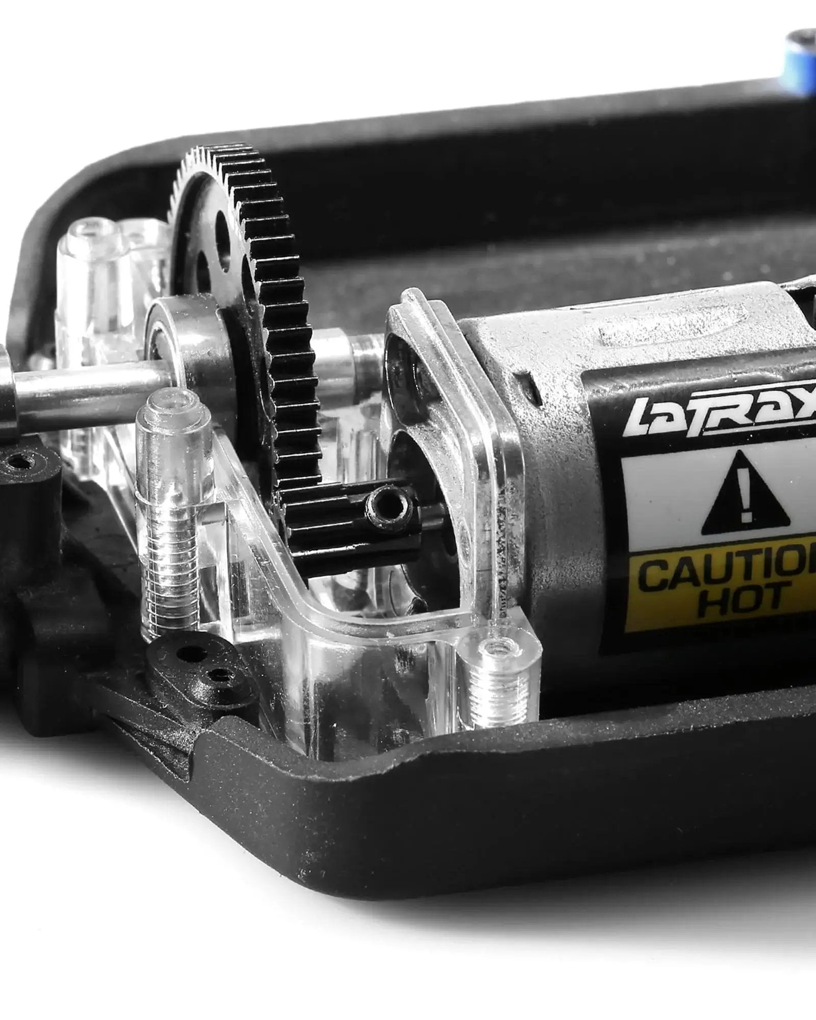 Close-up of installed Beefed Up Hardened 48DP 10 Tooth CNC Steel Pinion Gear with 2.0mm Bore for Traxxas LaTrax Teton RC car