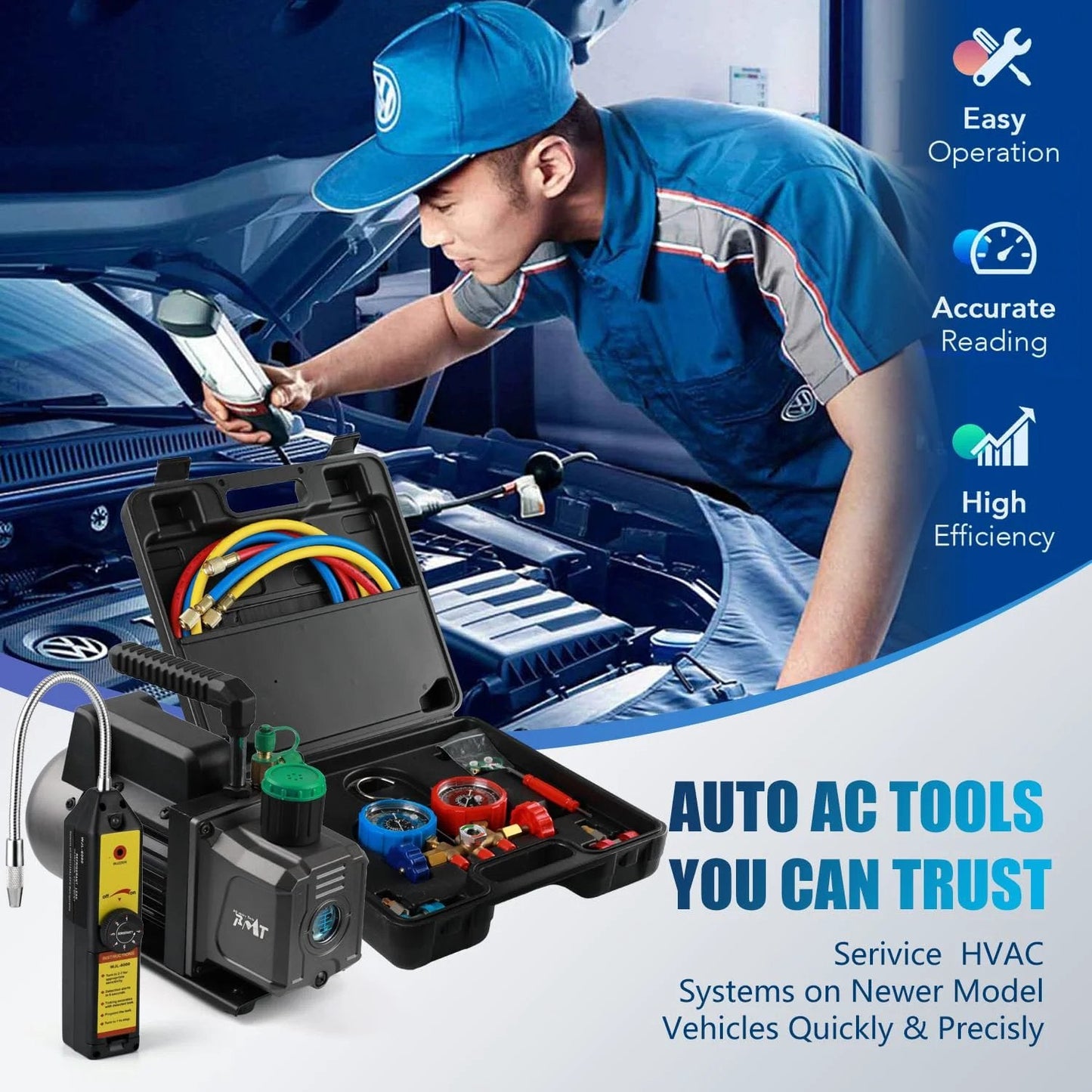 Technician using High Performance 4.5 CFM Vacuum Pump Kit 1/3 HP with 3 Way AC Manifold Gauge for automotive AC service.