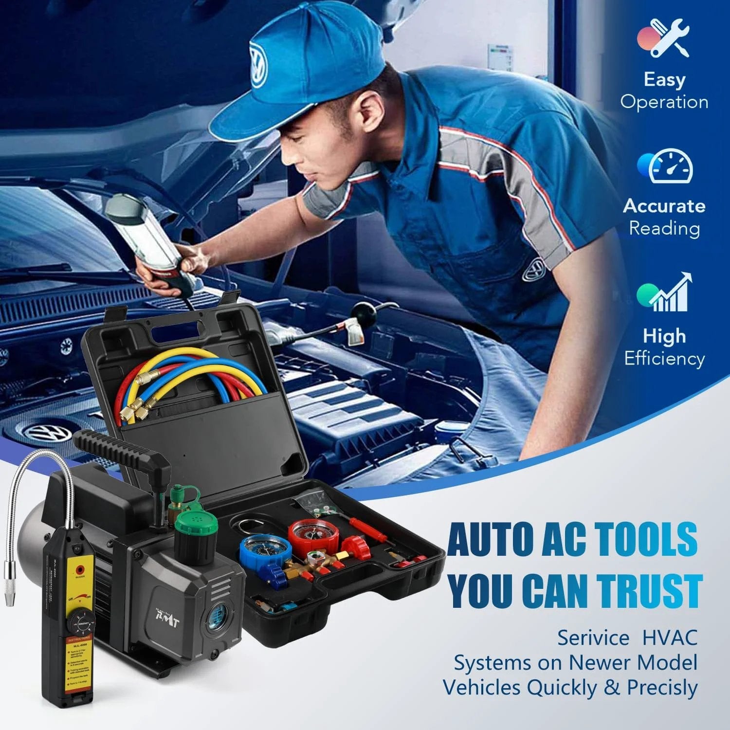 Technician using High Performance 4.5 CFM Vacuum Pump Kit 1/3 HP with 3 Way AC Manifold Gauge for automotive AC service.