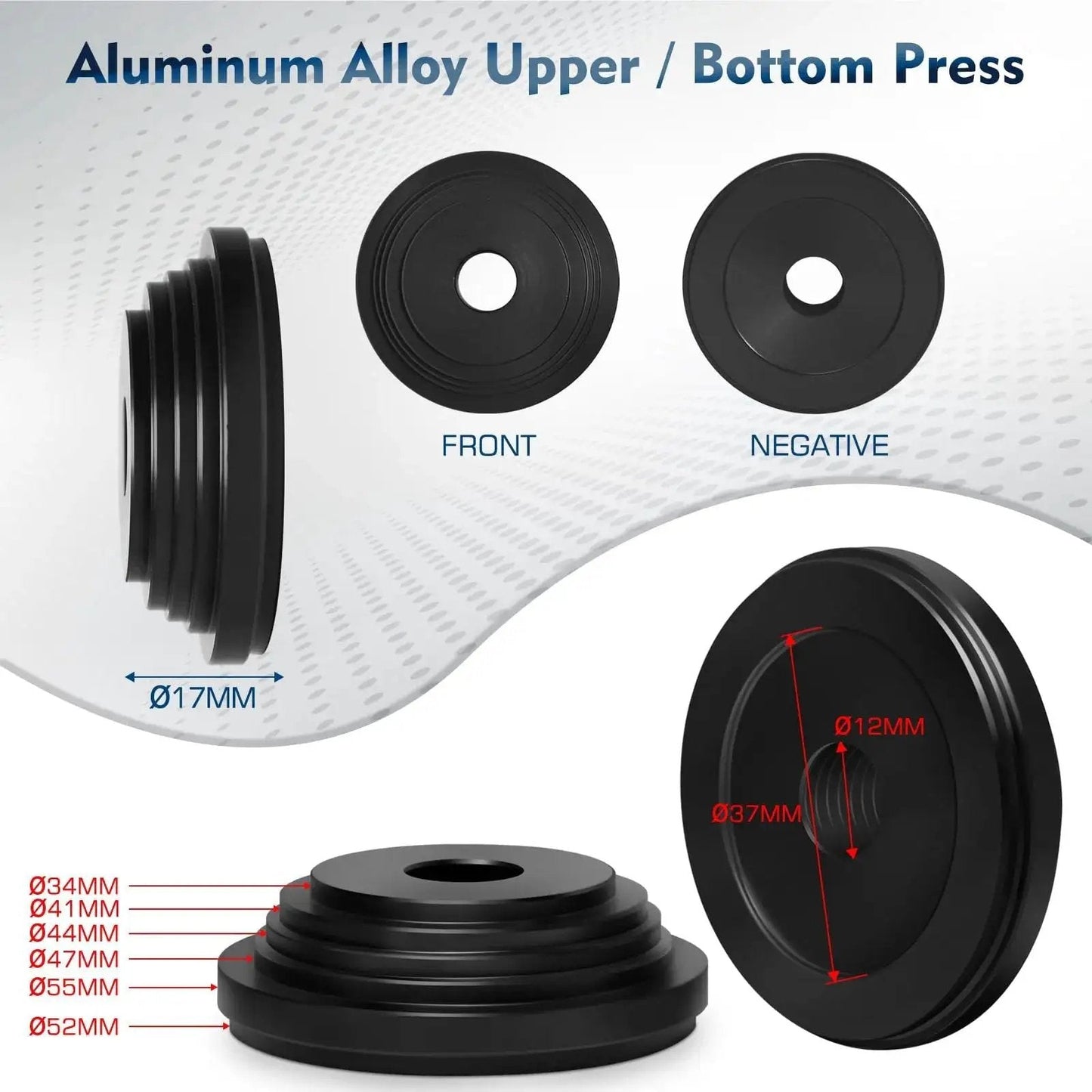 Aluminum Alloy Bicycle Headset Press In Tool And Bottom Bracket Install Kit showing multiple view and dimensions of press discs.