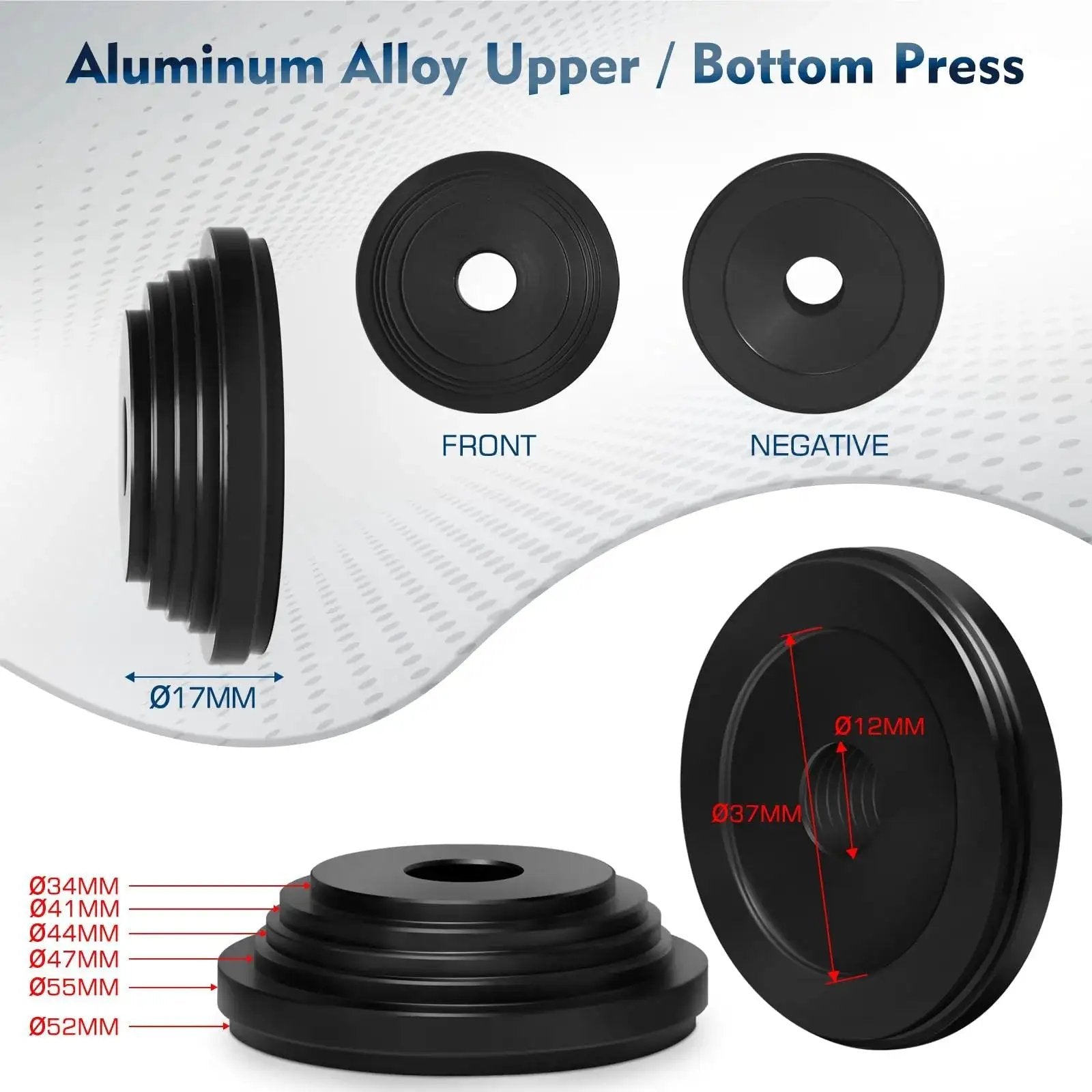 Aluminum Alloy Bicycle Headset Press In Tool And Bottom Bracket Install Kit showing multiple view and dimensions of press discs.