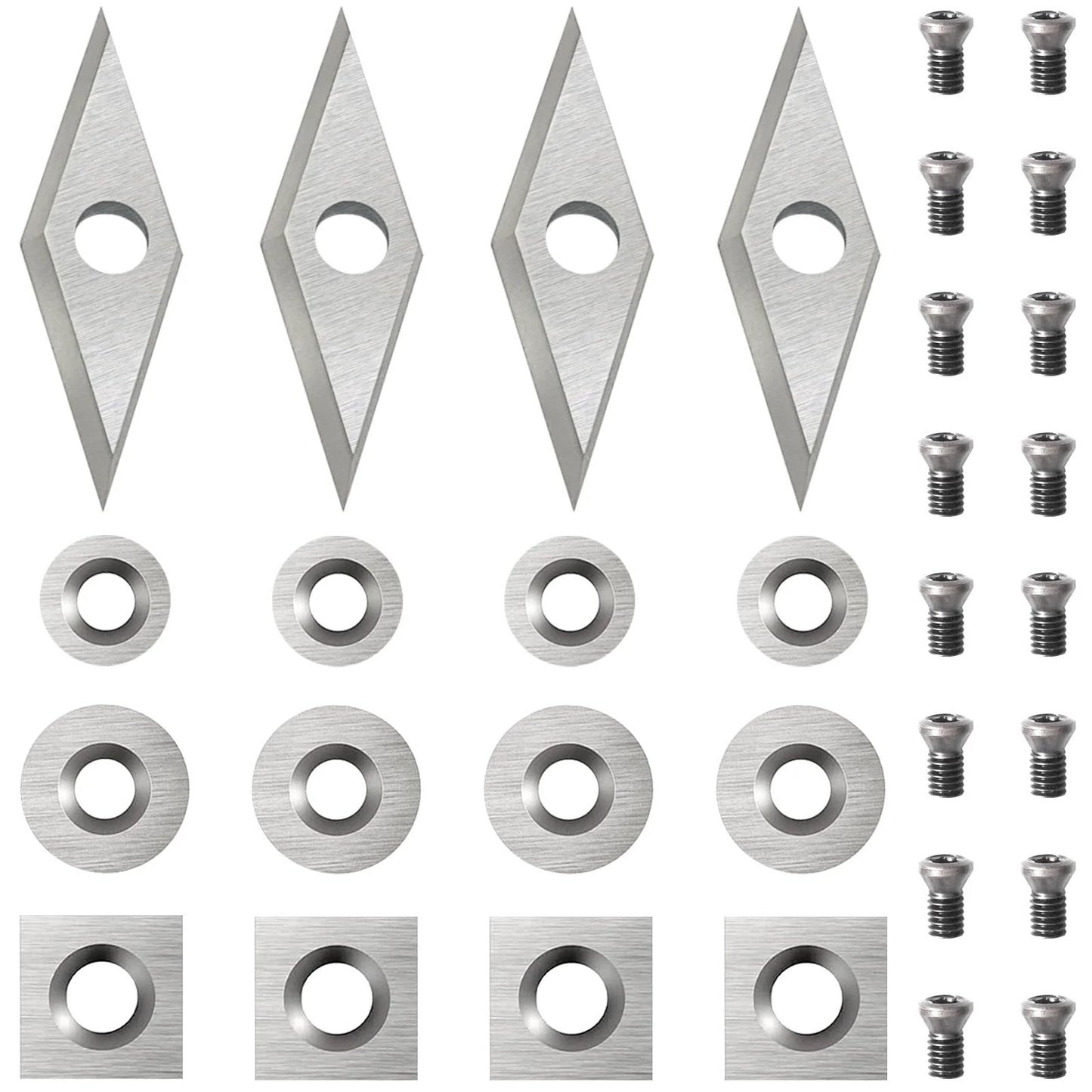 32pc Carbide Lathe Tool Inserts Set For Wood Turning By Diraeen, Featuring 11mm Square Radius Inserts, 12mm And 8.9mm Round Inserts, 30x10mm Diamond Insert, Solid Tungsten Steel, Replacement Screws Included, Durable, Sharp, Great Value