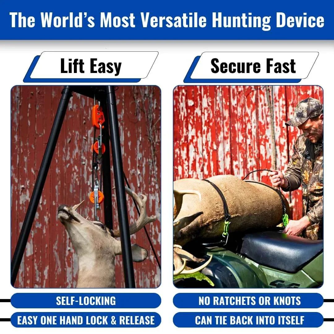 Self Locking Block and Tackle Hoist System With 35 Ft Polypropylene Rope, 300 Lb Capacity in use for hunting and lifting deer carcass.