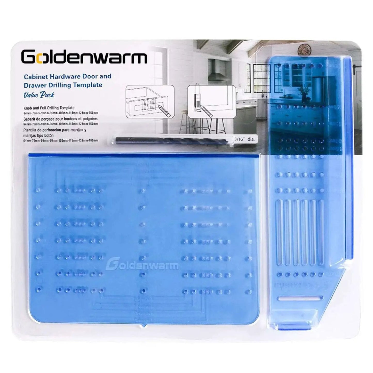 Cabinet Pull Template And Knob Drilling Template Set For Precise Handle Installation With Spacing From 64mm To 160mm Includes 3 16th Inch Drill Bit And Knob Template 1 Pack Ideal For Cabinet Handles And Drawer Pulls Durable Construction For Long Lasting in packaging, showing two blue templates.