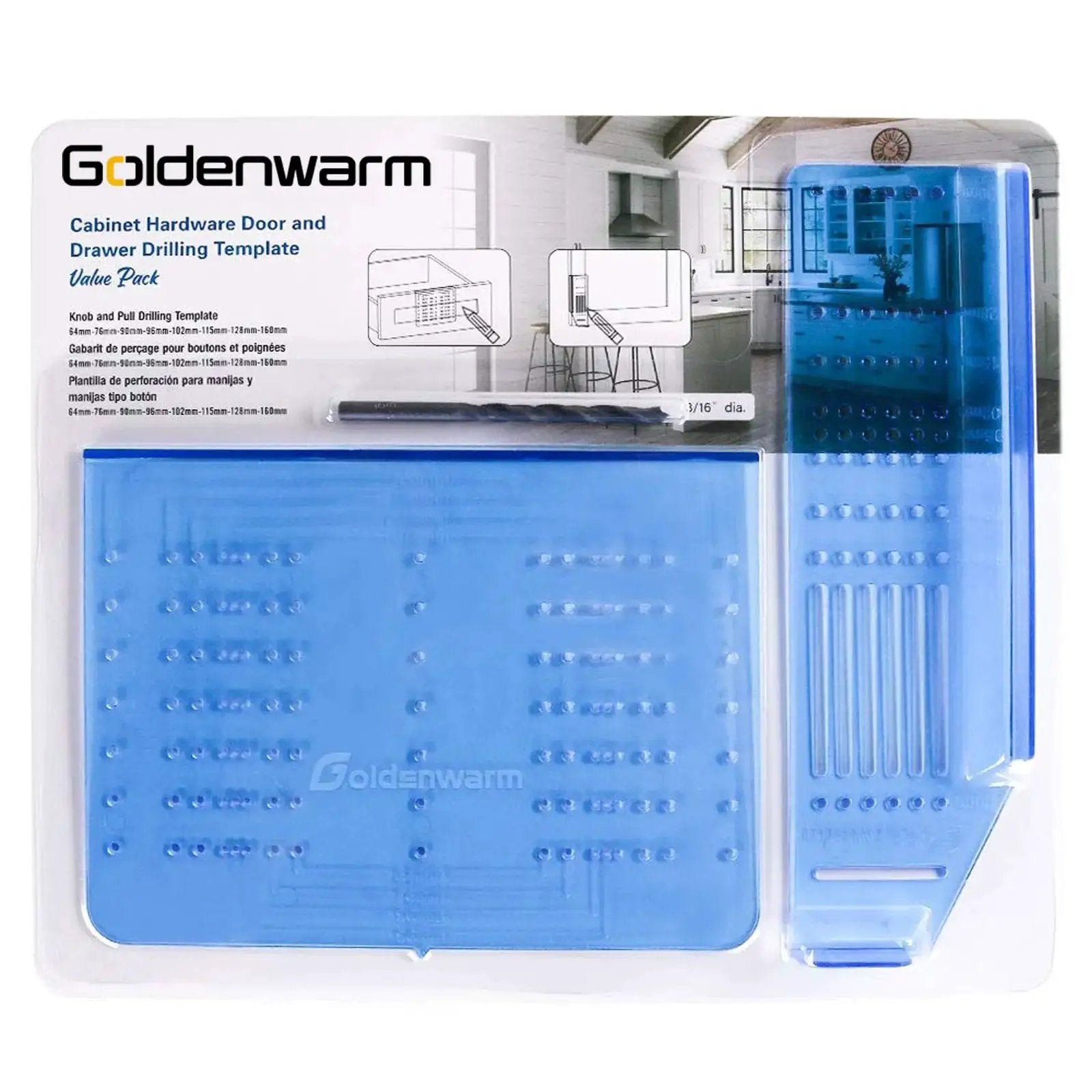 Cabinet Pull Template And Knob Drilling Template Set For Precise Handle Installation With Spacing From 64mm To 160mm Includes 3 16th Inch Drill Bit And Knob Template 1 Pack Ideal For Cabinet Handles And Drawer Pulls Durable Construction For Long Lasting in packaging, showing two blue templates.