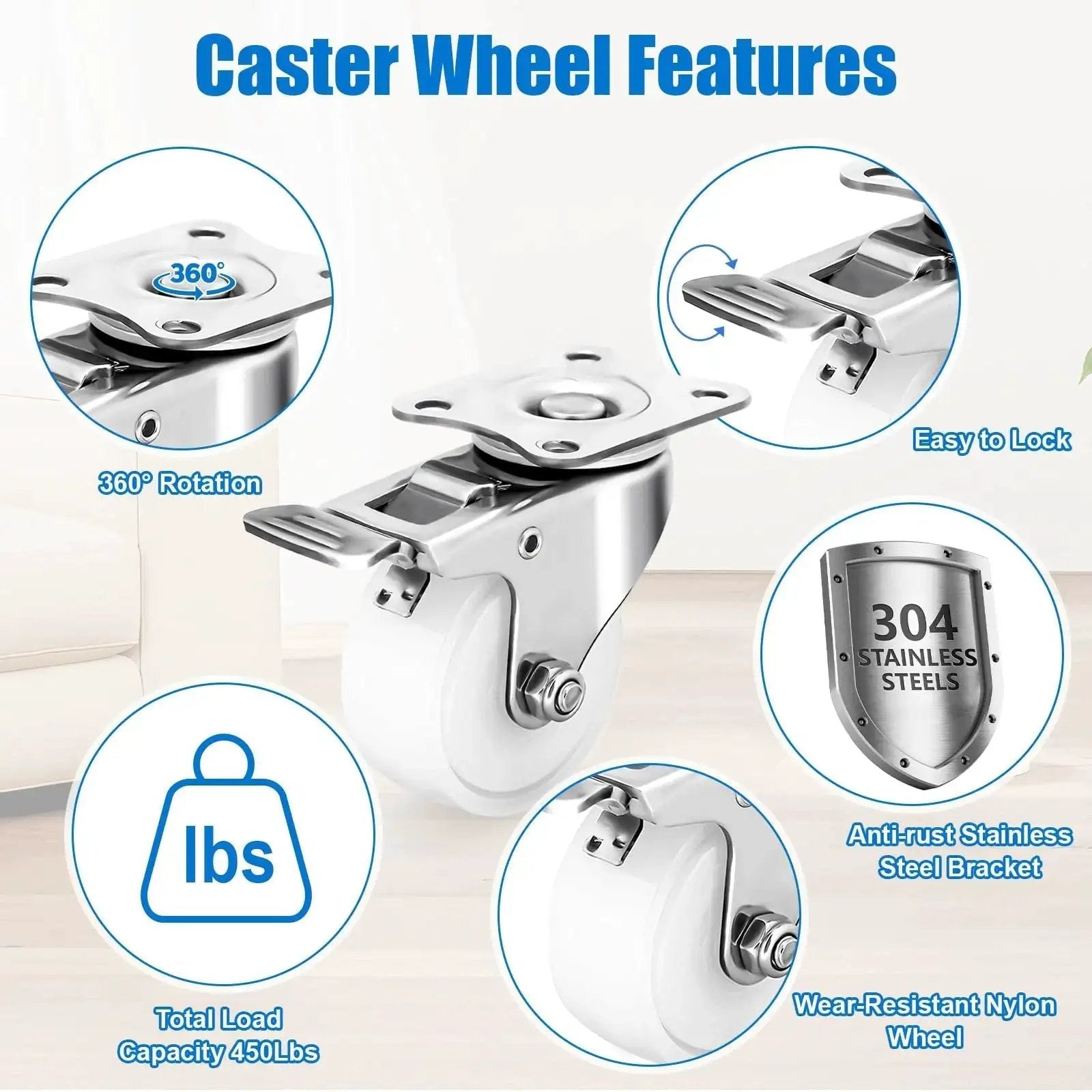2 Inch Stainless Steel Caster Wheels Set Of 4 For Outdoor Use, Anti Rust Swivel Casters With Durable Polyamide PA Wheels features diagram