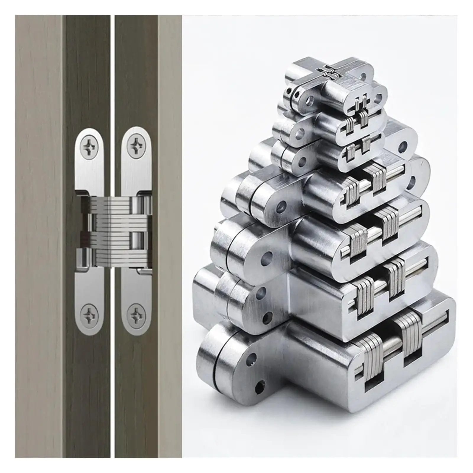 180 Degree Concealed Hinge For Folding Doors And Screens Beefy Heavy Duty Hidden Door Hardware With Zinc Alloy Body And Stainless Steel Bearings Number 2 Hinge Ideal For Glass Doors And Invisible Panels stacked and installed view.