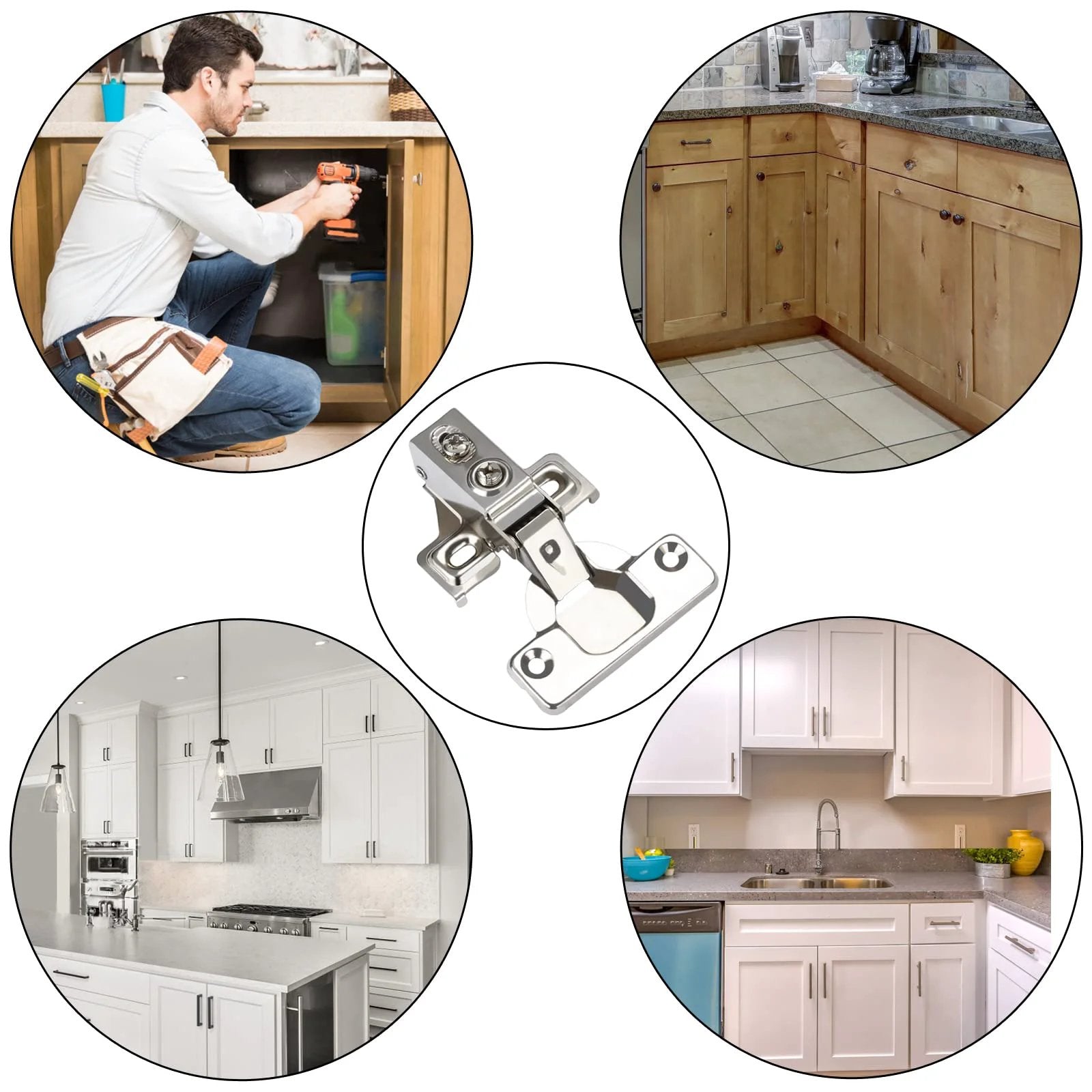 24 Pack Half Inch Overlay Soft Close Cabinet Hinges For Kitchen Cabinets With 100 Degree Opening Angle In Stainless Steel Concealed Self Closing Design Includes Drilling Tool And Manual For Easy No Fuss Install shown in various kitchen settings and configurations.