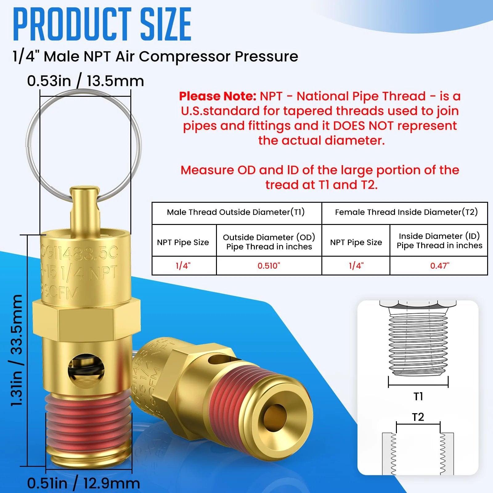 Brass safety valve for air compressors 175 PSI pressure relief one quarter inch NPT male threads two pack showing dimensions