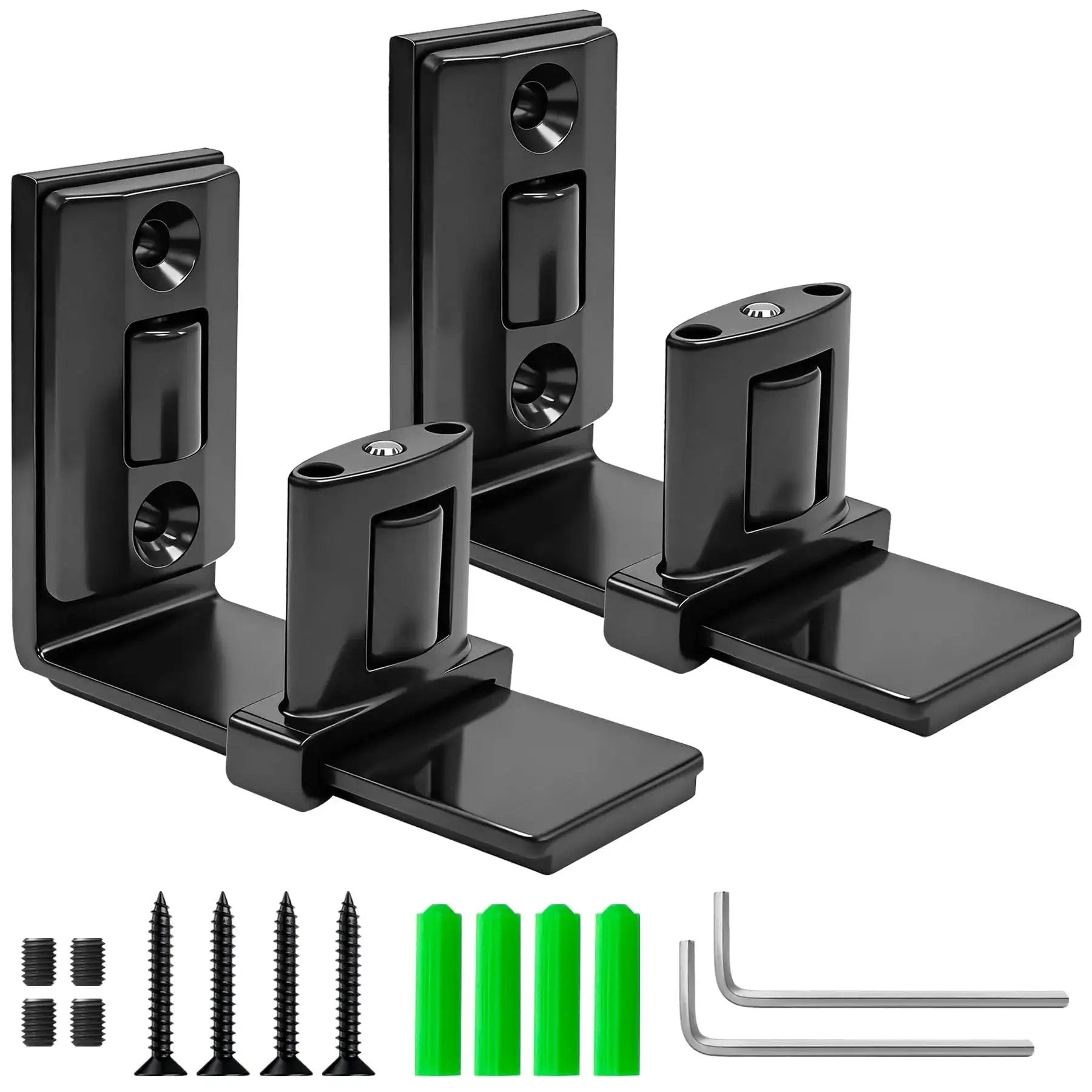 Sliding Barn Door Floor Guide And Wall Mount Set with Adjustable U Shape Flexible Flush Design in black, includes screws and tools.