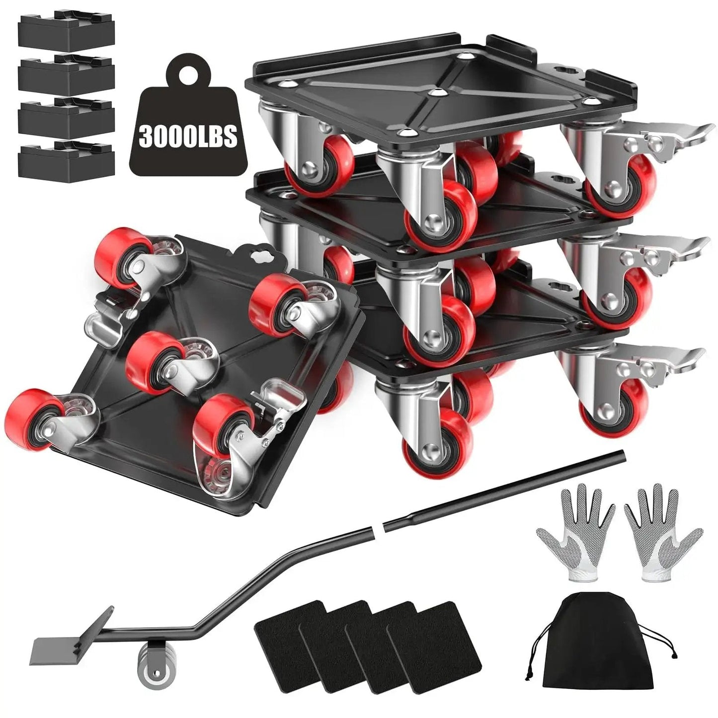 Heavy Duty Furniture Dolly Moving System For Up To 3000Lbs With 5 Wheel Brakes, 360 Degree Rotating Dollies, gloves, pry bar, mats