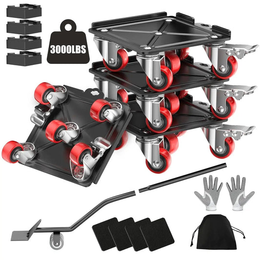 Heavy Duty Furniture Dolly Moving System For Up To 3000Lbs With 5 Wheel Brakes, 360 Degree Rotating Dollies, gloves, pry bar, mats